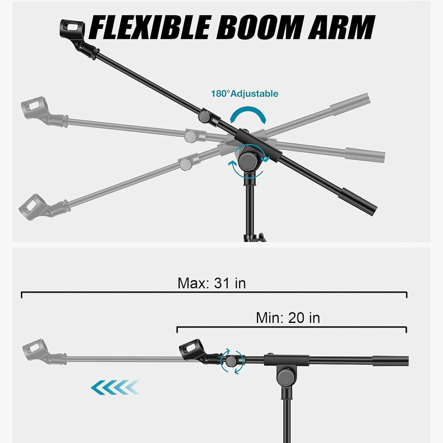 Demonstrates the physical components and adjustability features of the boom arm, showing how the arm can rotate 180 degrees and extend/retract between 20 and…