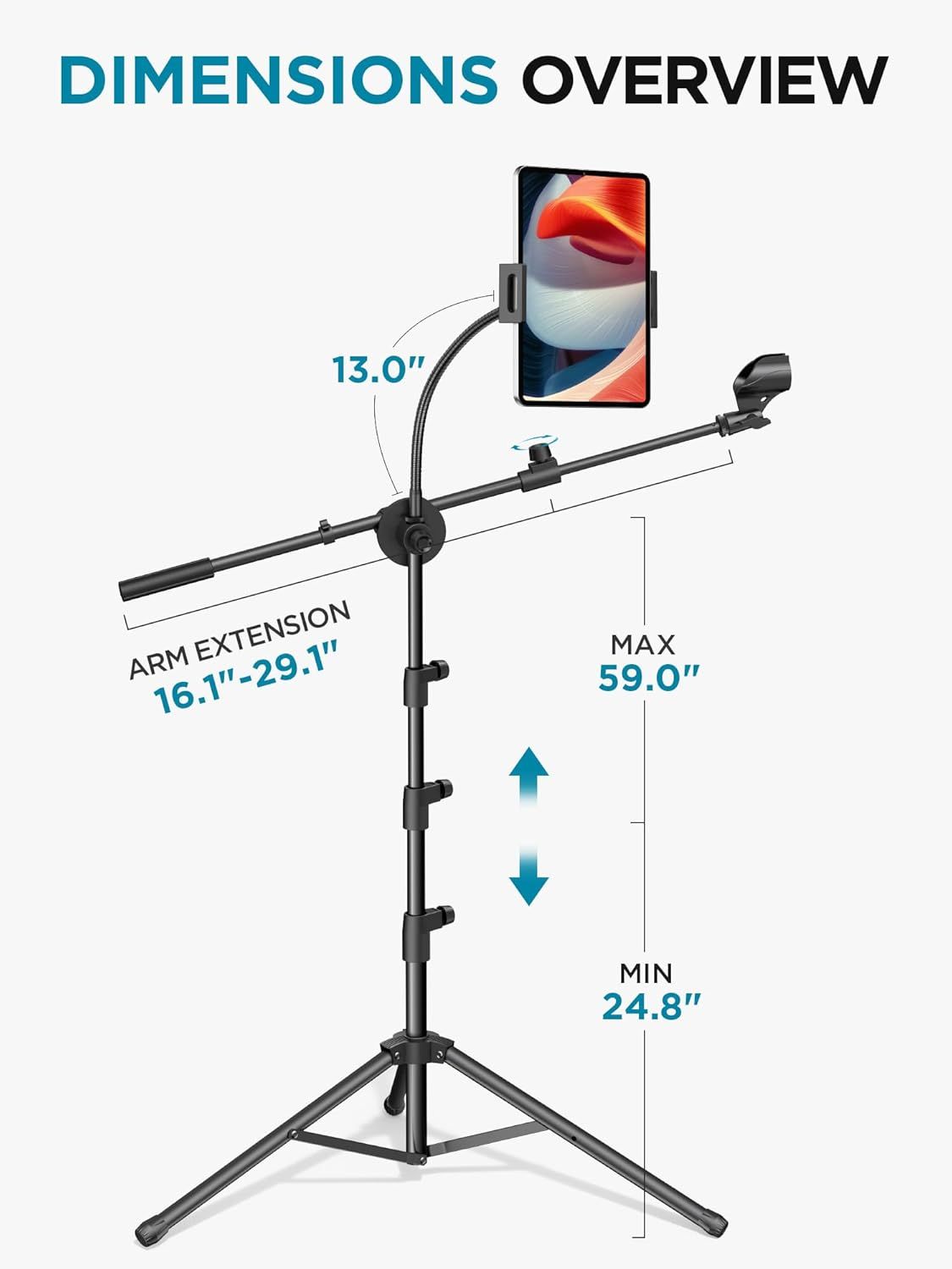 Communicates the physical size and adjustability of the tablet stand, showing shoppers the exact measurements for height range, arm extension, and gooseneck…