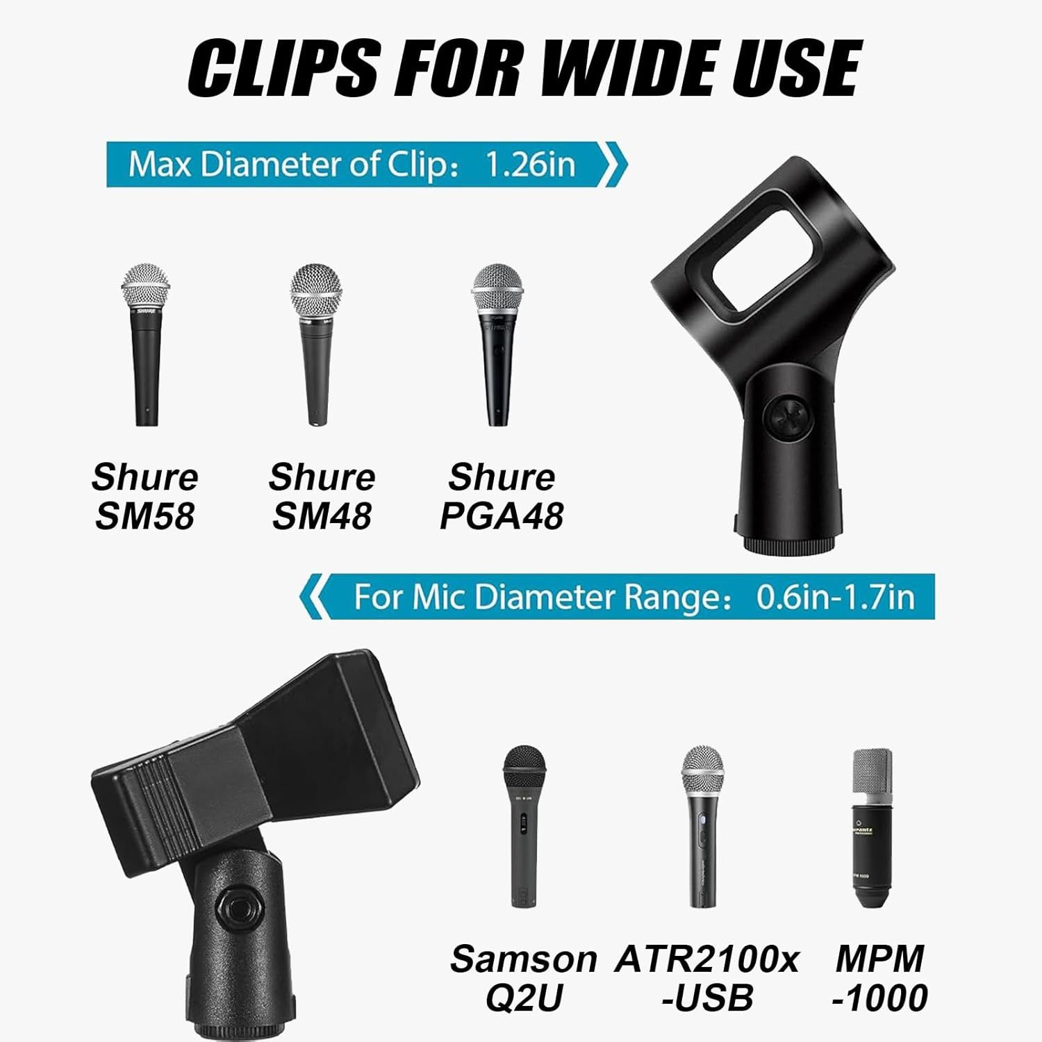 Demonstrates the wide compatibility of the microphone clips by showing they work with multiple specific microphone models and diameter ranges, reassuring…
