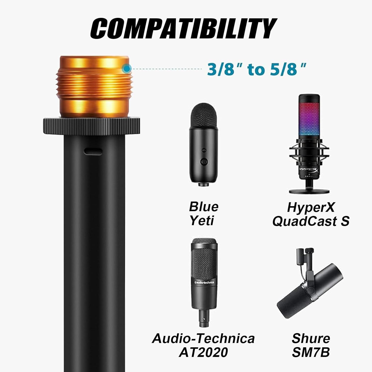 Demonstrates which popular microphone models are compatible with the product's 3/8" to 5/8" threading, reassuring shoppers that it works with their existing…