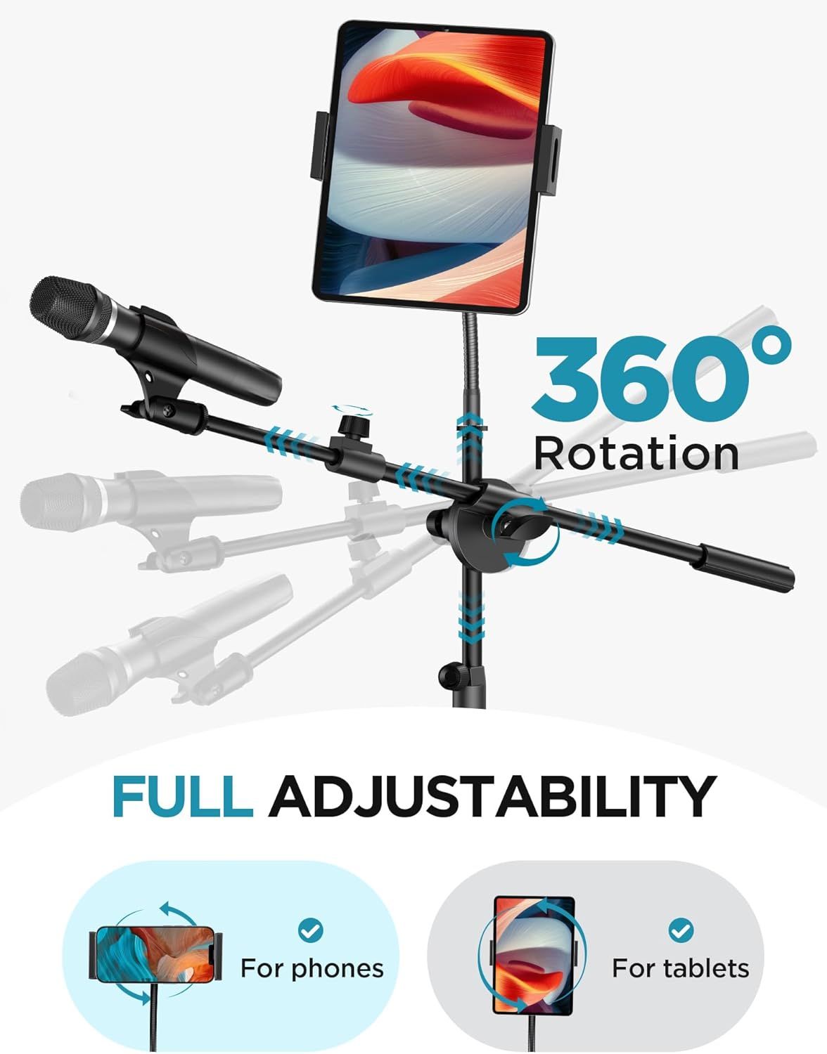 Communicates the product's versatility through multiple distinct benefits: 360-degree rotation capability and full adjustability for both phones and tablets,…