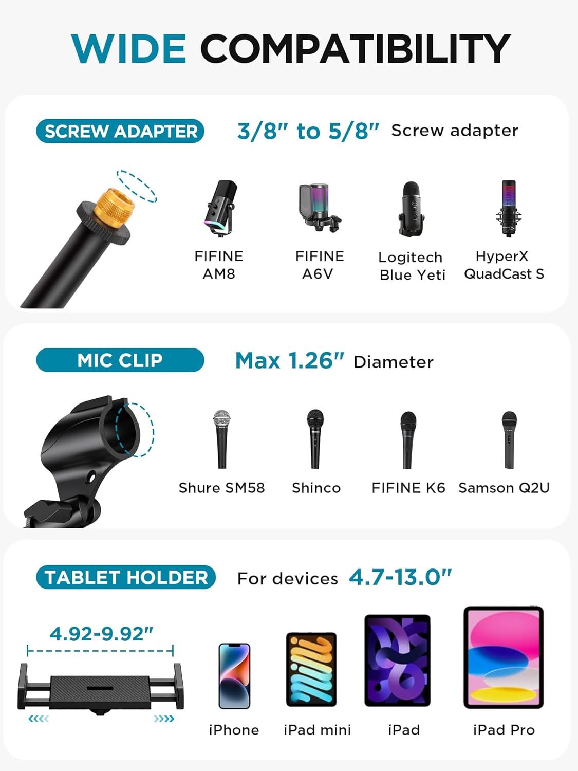 Demonstrates the product's wide compatibility across multiple device types and brands, showing which microphones, tablets, and accessories work with the…