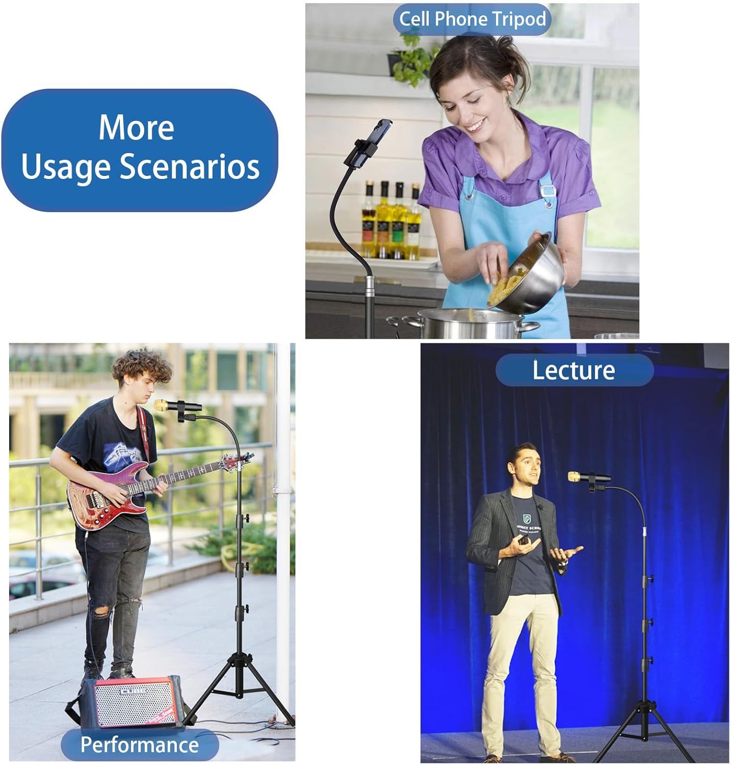 Demonstrates the versatility of the cell phone tripod by showing it can be used in multiple real-world scenarios including cooking, musical performance, and…