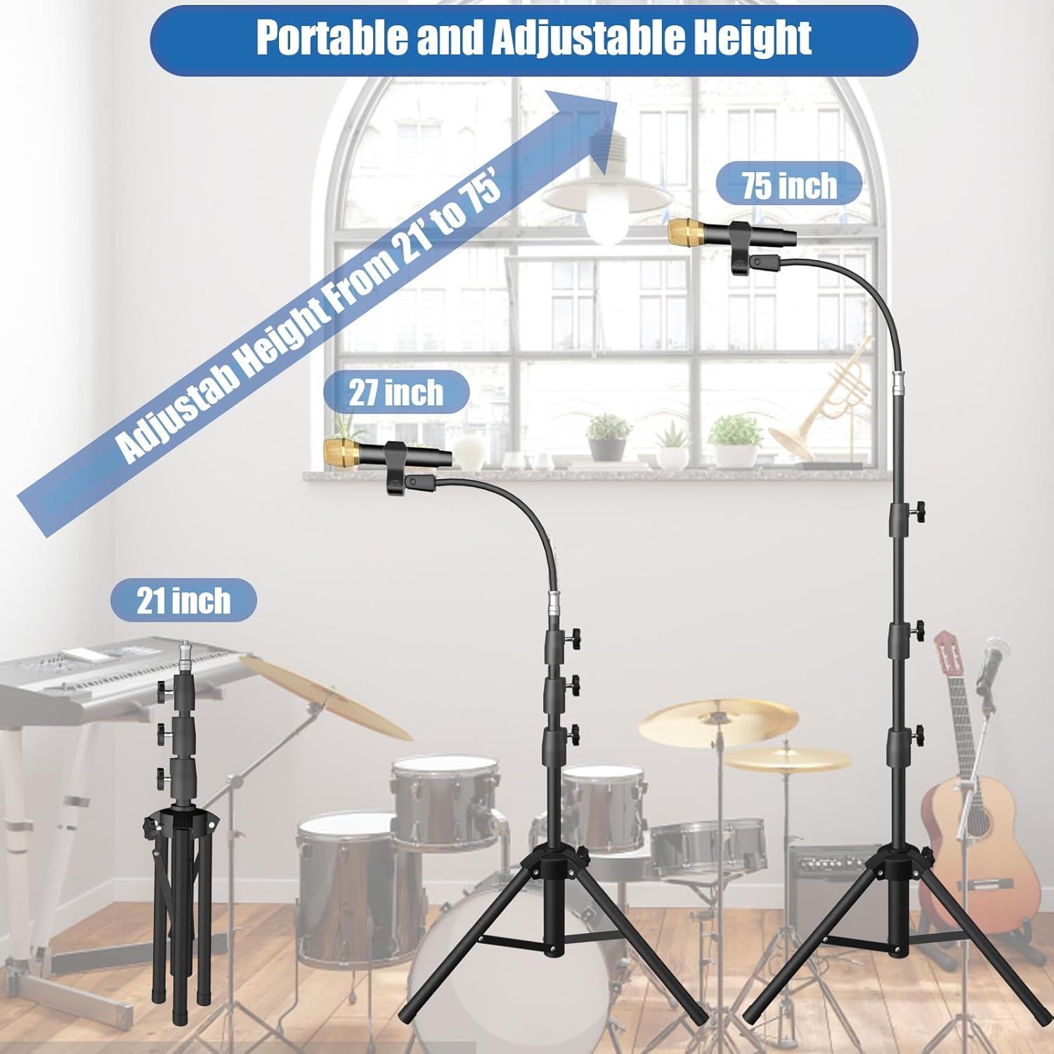 Demonstrates the product's adjustable height capability from 21 to 75 inches, reassuring shoppers that the stand can be customized to different use cases and…