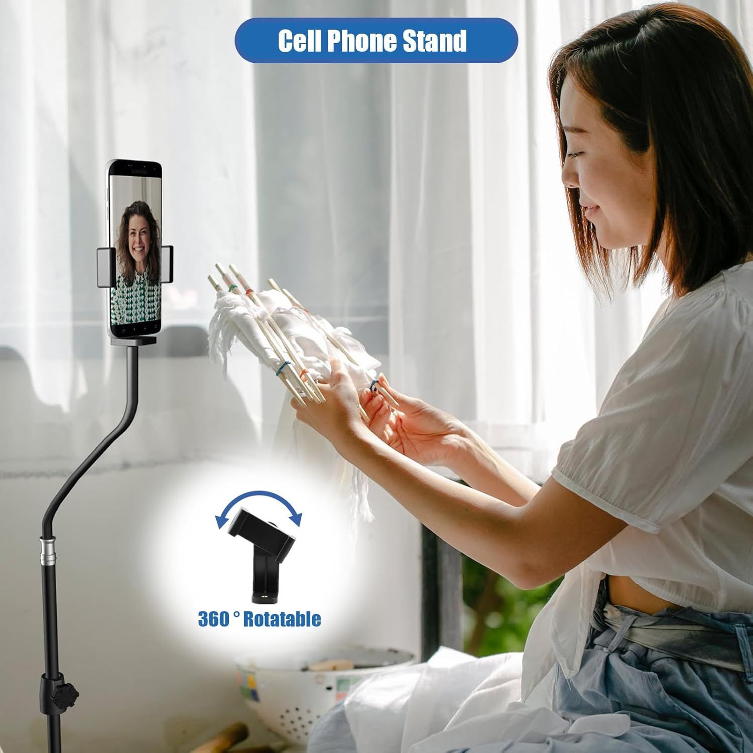 Demonstrates the cell phone stand's versatility with hands-free use for video calls and its 360-degree rotation feature, reassuring shoppers of its…