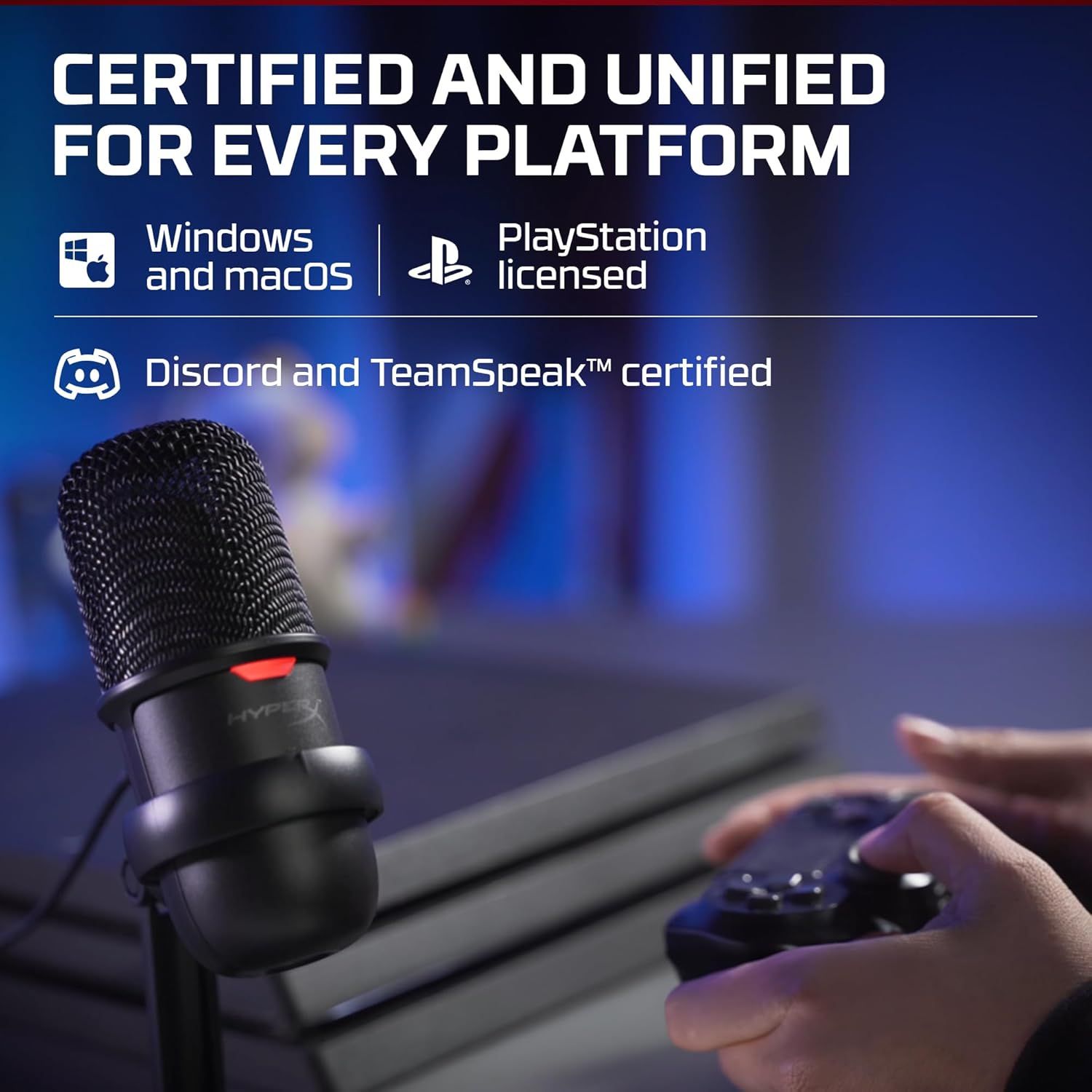 Communicates that the microphone is certified and compatible across multiple gaming platforms (Windows, macOS, PlayStation) and communication apps (Discord, TeamSpeak), reassuring gamers of broad…