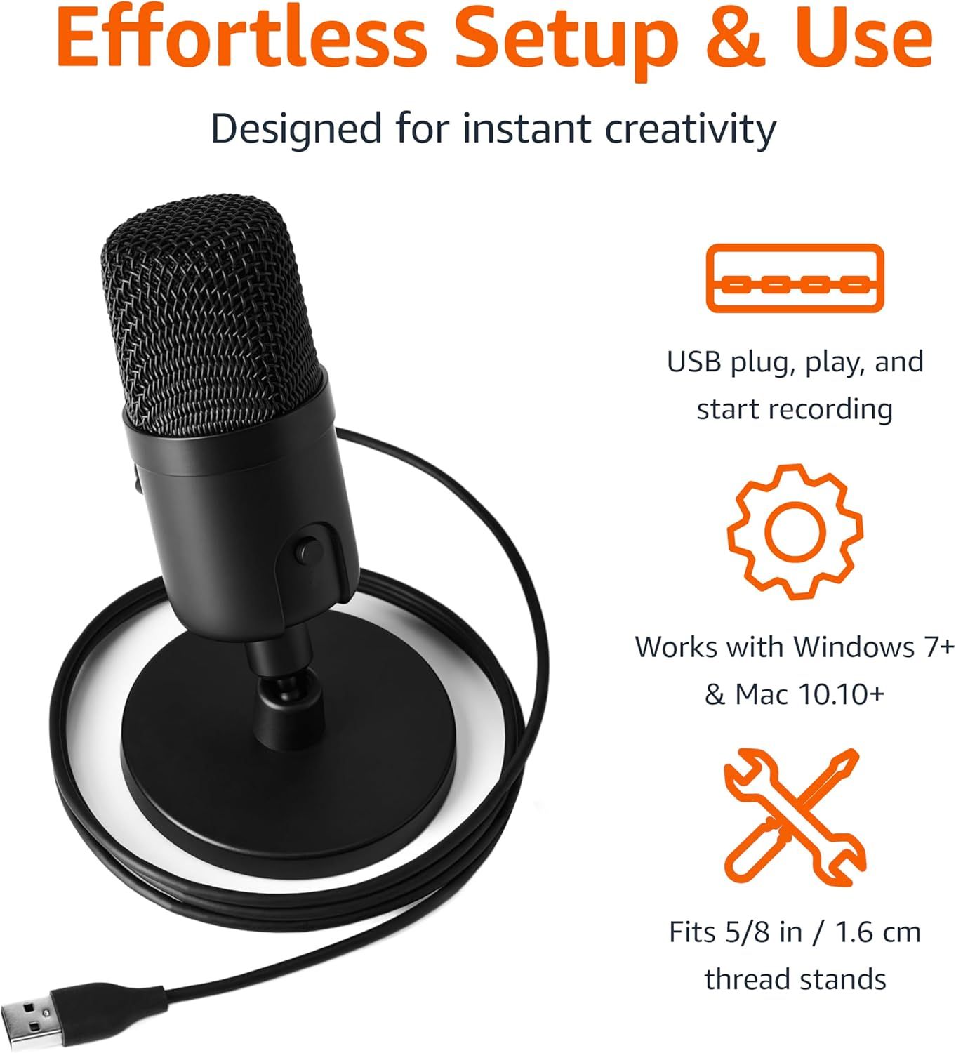 Communicates multiple key benefits of the microphone including easy USB connectivity, cross-platform compatibility, and versatile mounting options to reassure shoppers of effortless setup and broad…