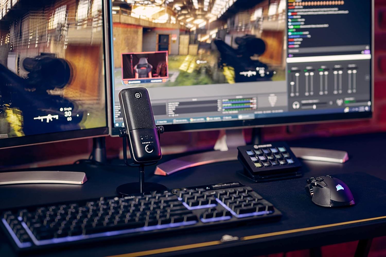 Showcases the product (microphone) in a real-world gaming and streaming environment to help shoppers visualize how it fits into their setup and lifestyle.