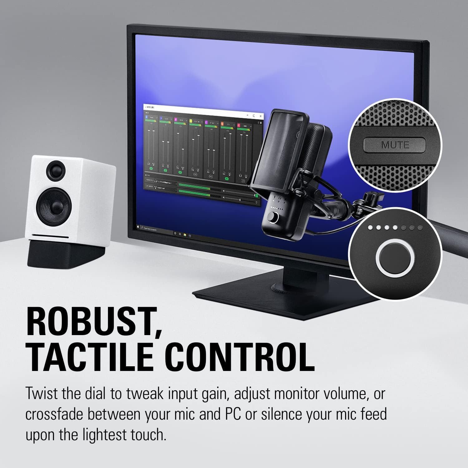 Highlights the physical control features of the microphone, showing the tactile mute button and dial control to reassure shoppers about ease of use and…