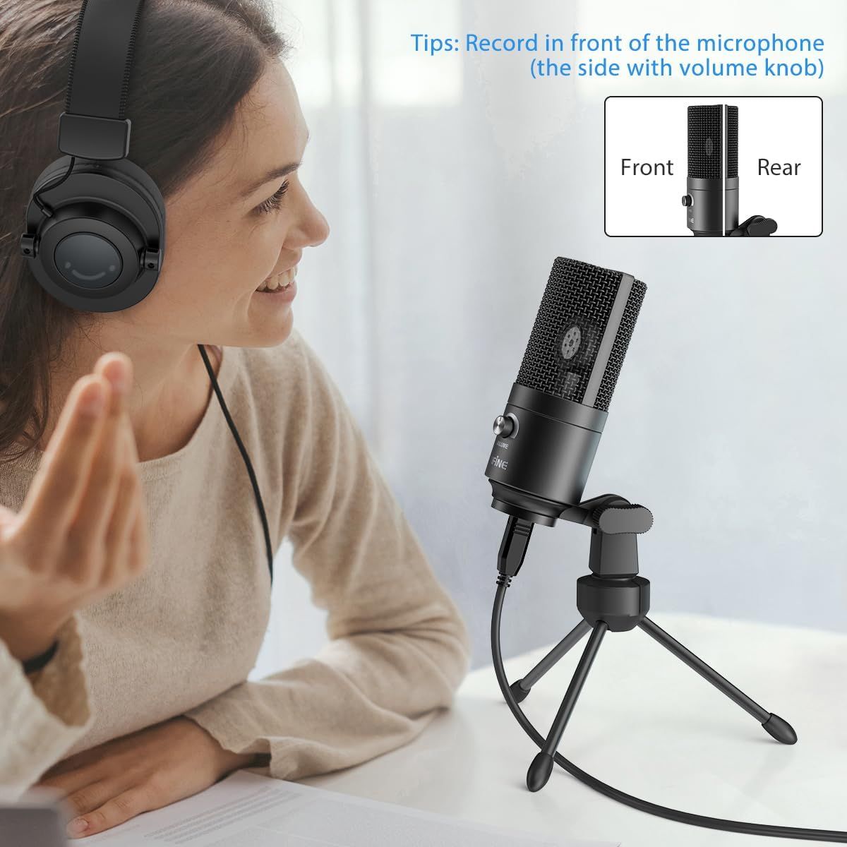 Instructs users on the correct way to position themselves in front of the microphone for optimal recording quality, specifically identifying which side has the volume knob and should face the user.…