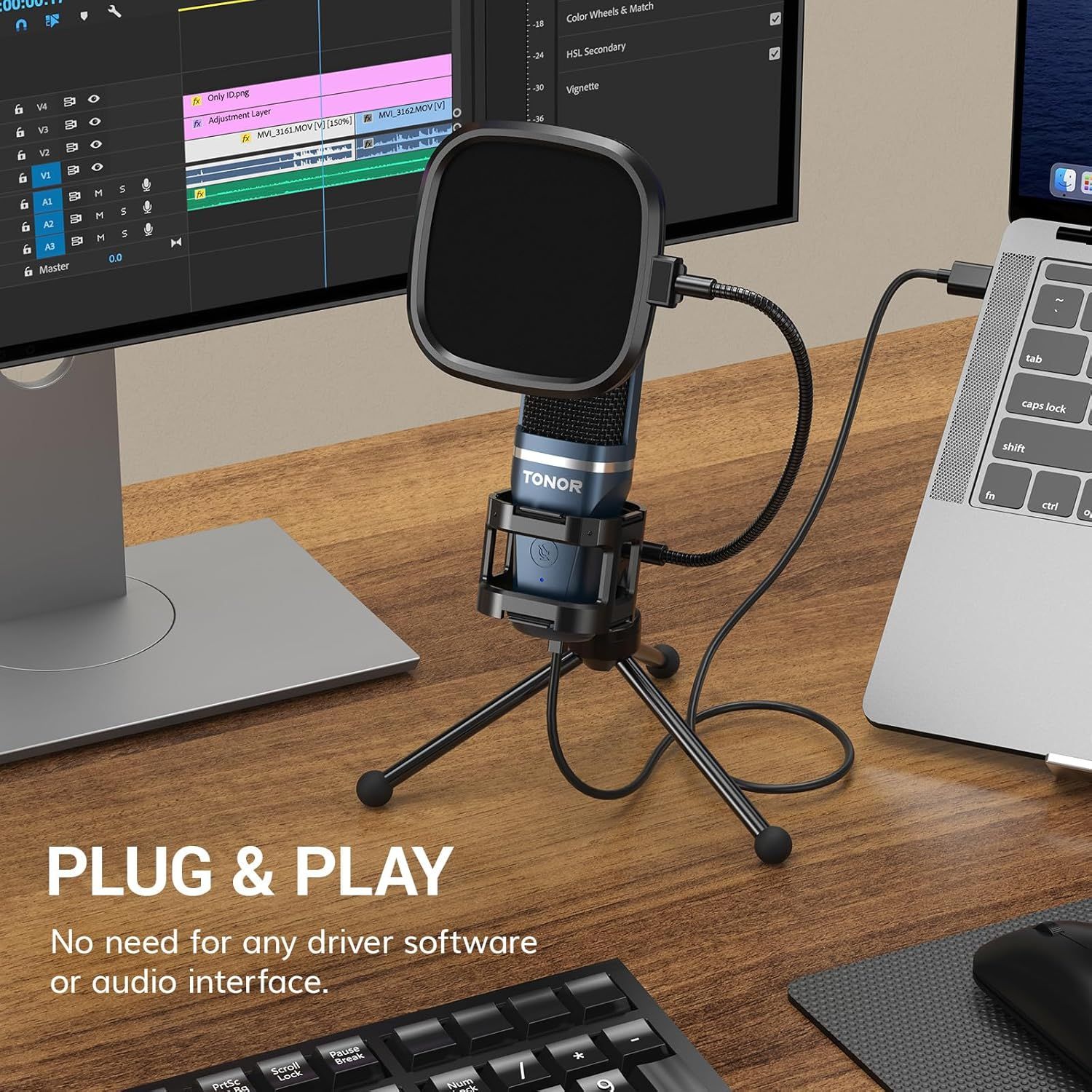Communicates the ease of setup by highlighting that the microphone requires no driver software or audio interface, reassuring shoppers of hassle-free…