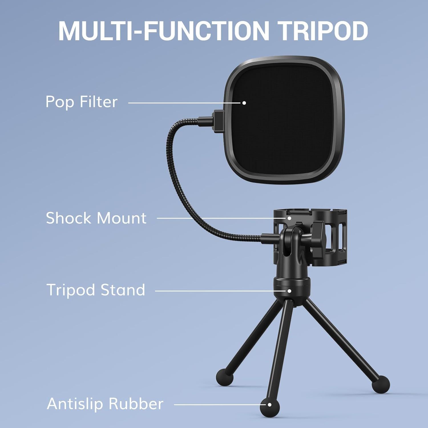 This image breaks down the multi-function tripod by labeling its key physical components (pop filter, shock mount, tripod stand, antislip rubber) to help shoppers understand what parts are included…