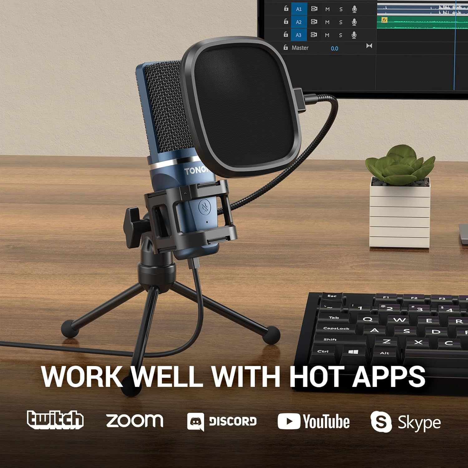 Demonstrates that the microphone is compatible with and optimized for popular streaming and communication apps including Twitch, Zoom, Discord, YouTube, and Skype, reassuring shoppers of its…
