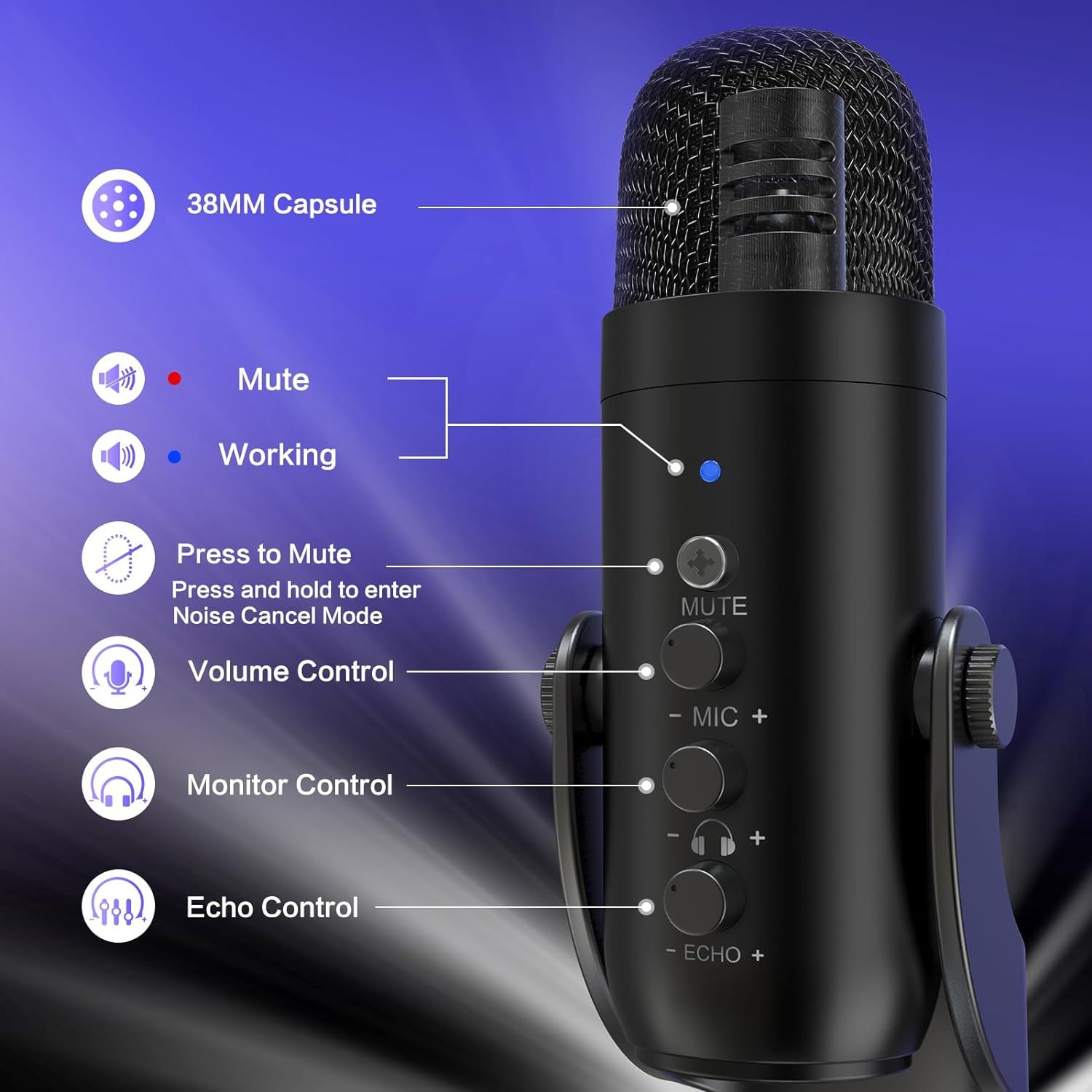 This image breaks down the microphone's physical components and control features, helping shoppers understand what each button and indicator does and how to operate the device.