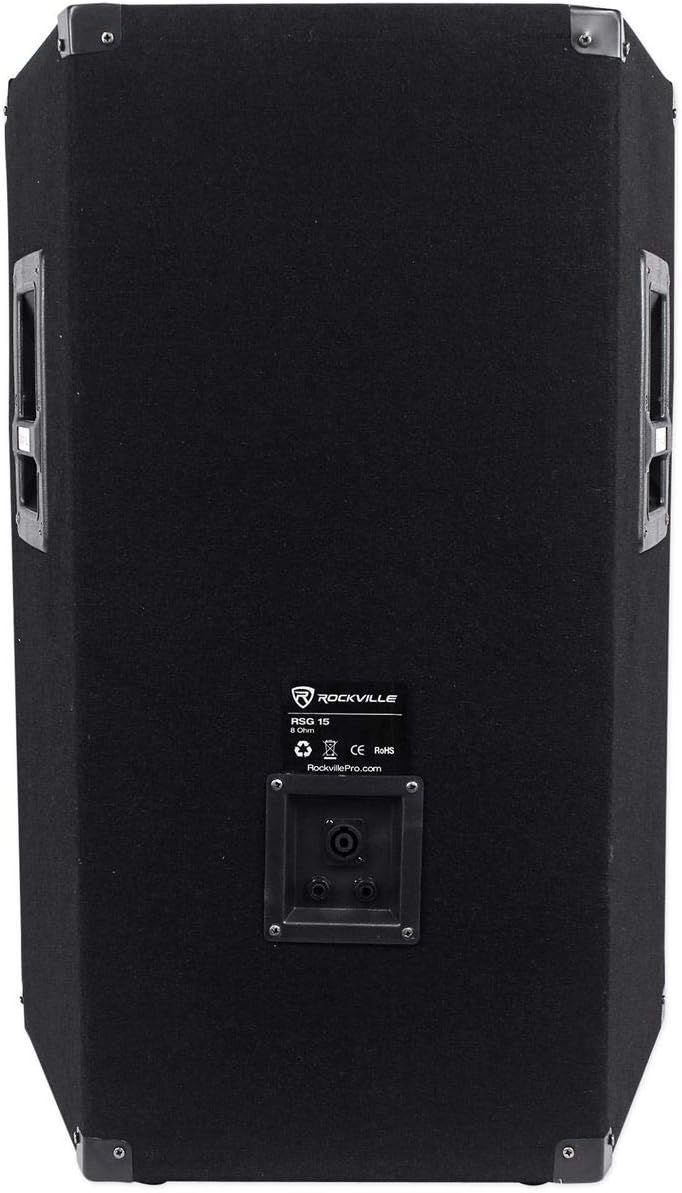 Shows the back of the speaker with handles, connection ports, and branding to give shoppers a complete view of the product's physical design and connectivity…