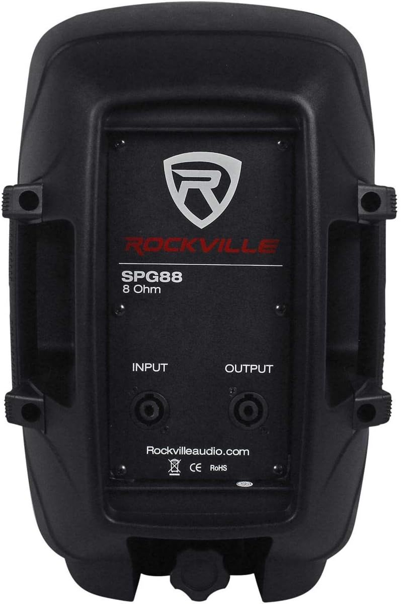 Shows the back panel of the speaker with technical specifications, input/output ports, and brand information for shoppers who want to see the product's…