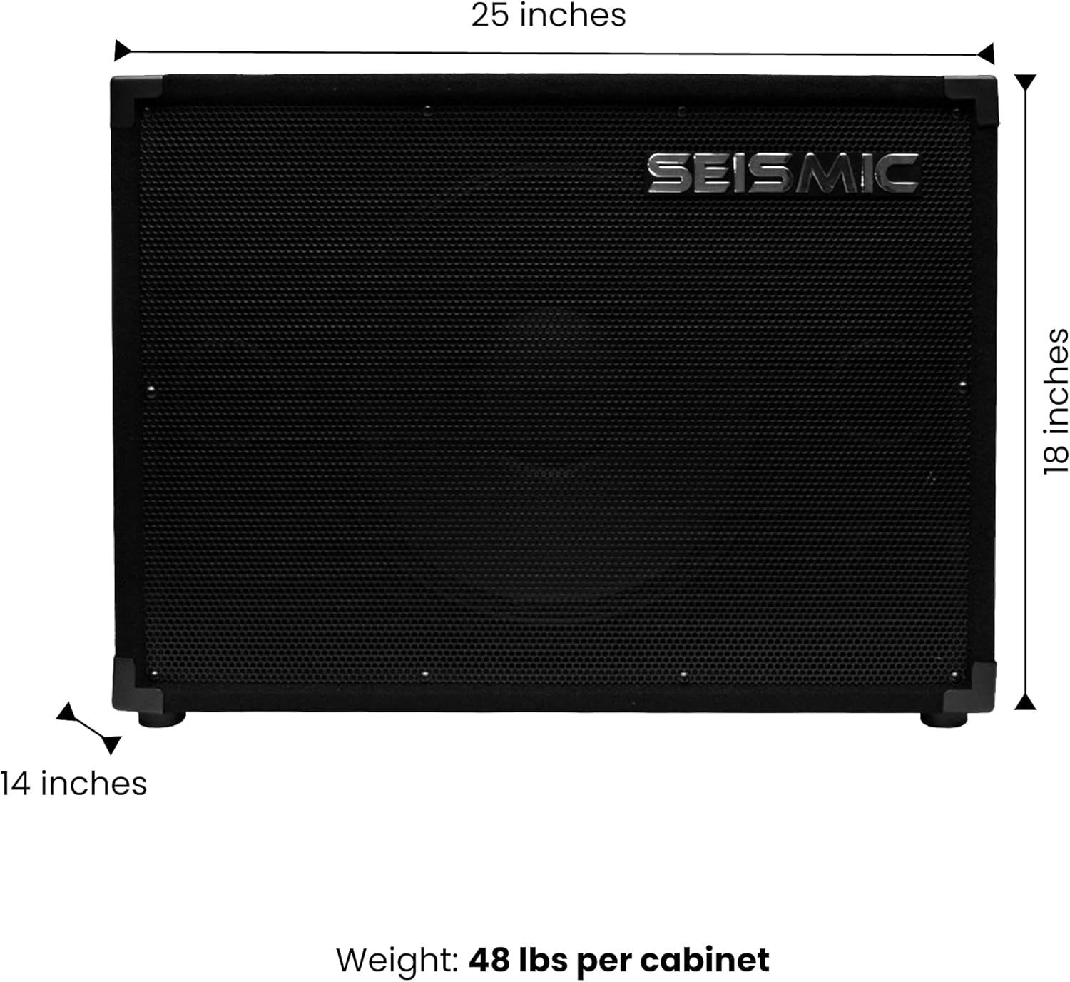 Communicates the exact physical size (25 x 18 x 14 inches) and weight (48 lbs) of the speaker cabinet to help shoppers understand if it will fit their space…