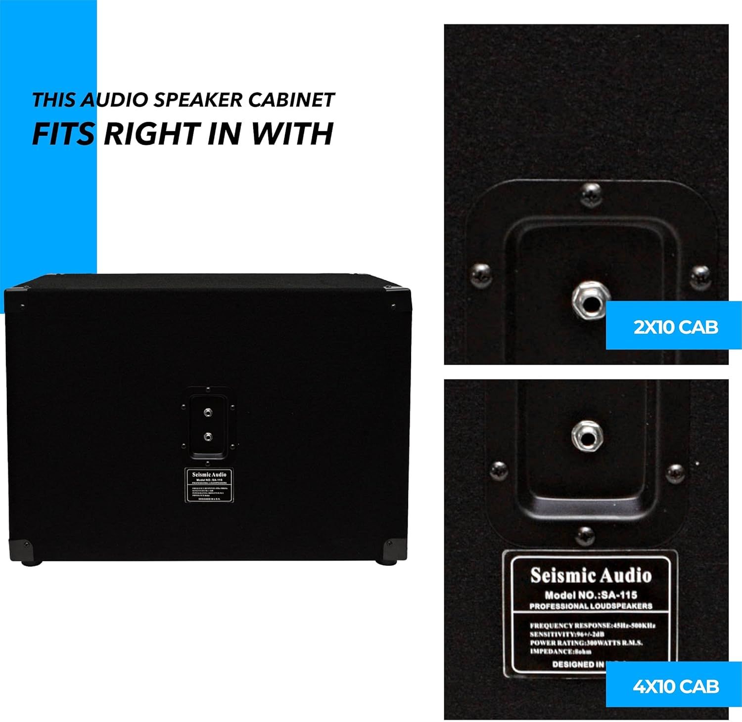 Demonstrates that the audio speaker cabinet is compatible with multiple cabinet types (2X10 and 4X10), showing shoppers the versatile connectivity options…