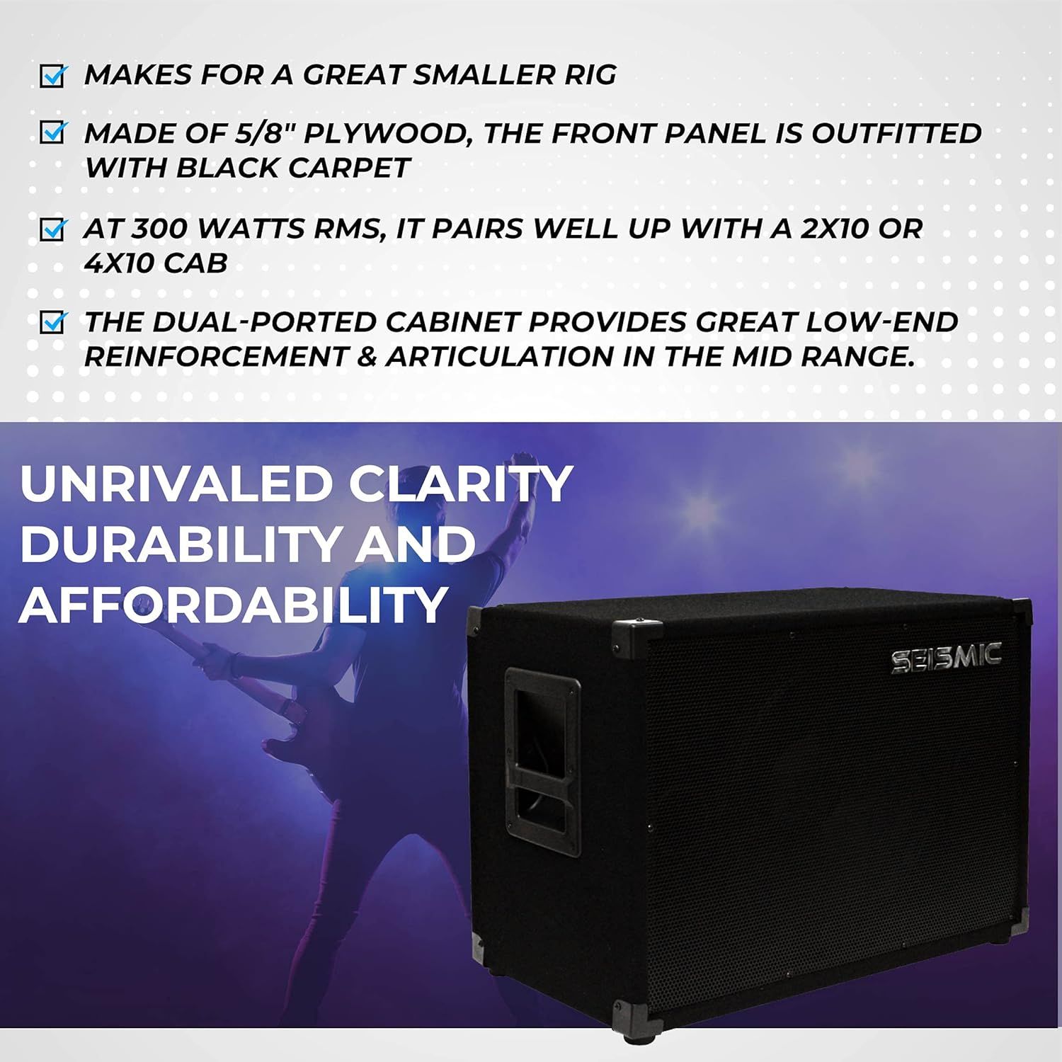 Communicates multiple technical specifications and benefits of the speaker cabinet through a checklist format, emphasizing its versatility, construction…
