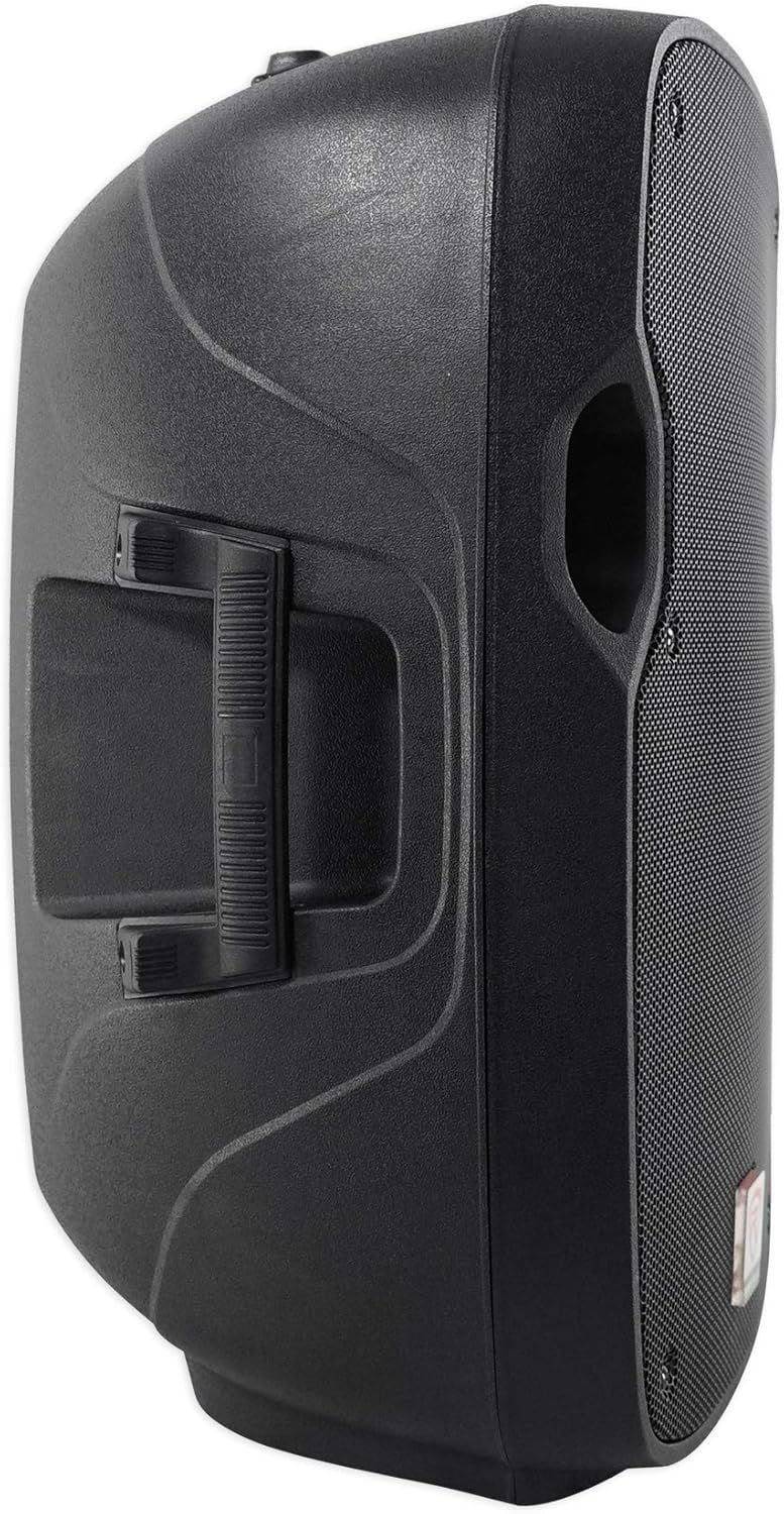 Provides a clean, catalog-style view of the speaker from an angle showing its physical design, handle, and mesh grille without distractions.