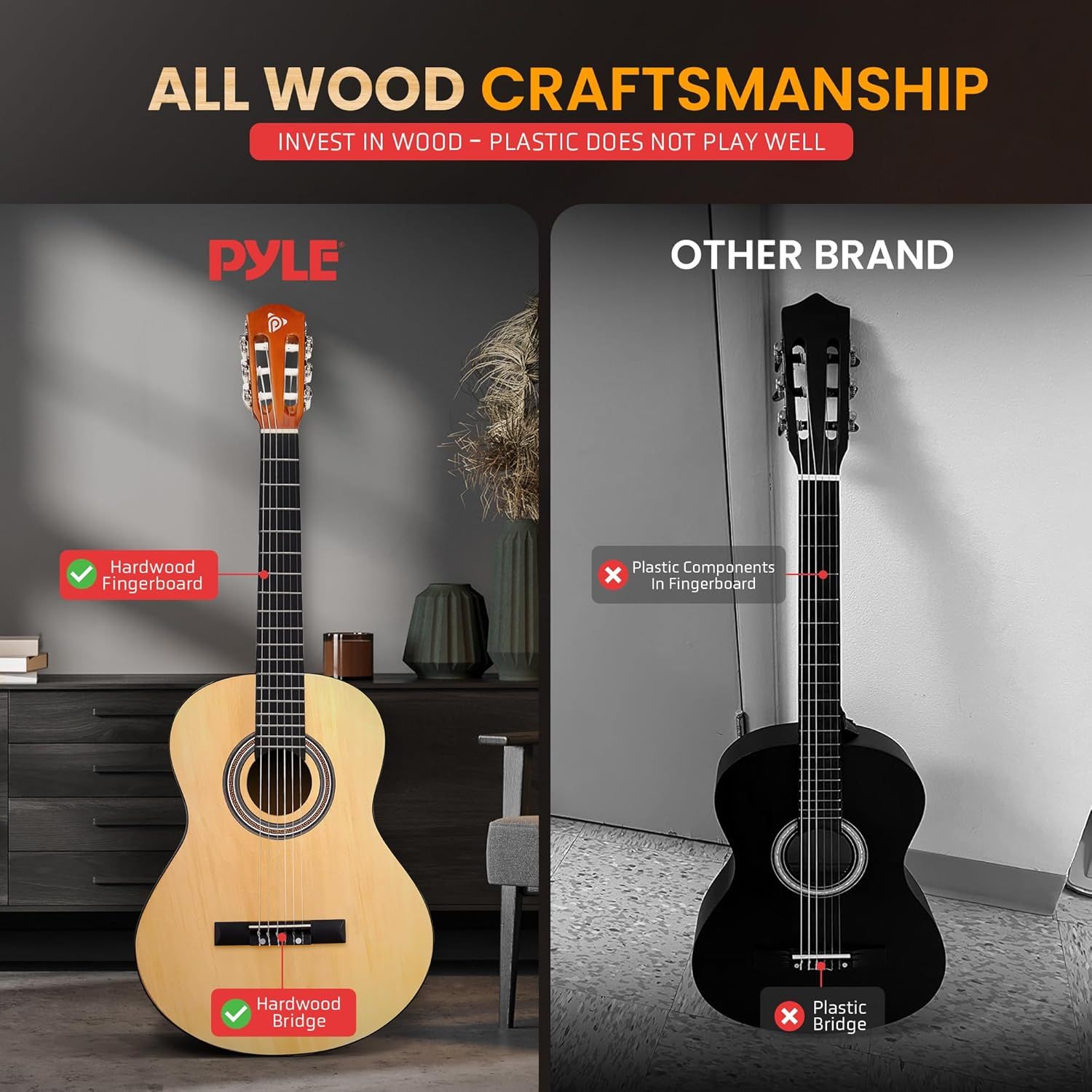 Demonstrates the superiority of the PYLE guitar's all-wood construction (hardwood fingerboard and bridge) compared to a competitor's guitar that uses plastic components, emphasizing quality and…
