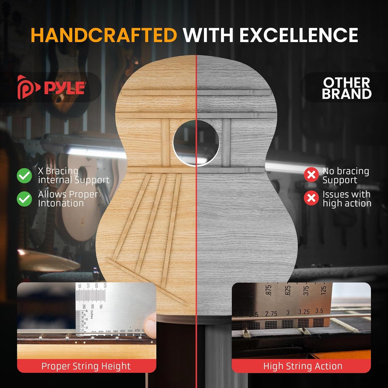 Demonstrates the superior craftsmanship and structural quality of the Pyle guitar compared to a competing brand, highlighting internal bracing, proper intonation, and optimal string height versus…