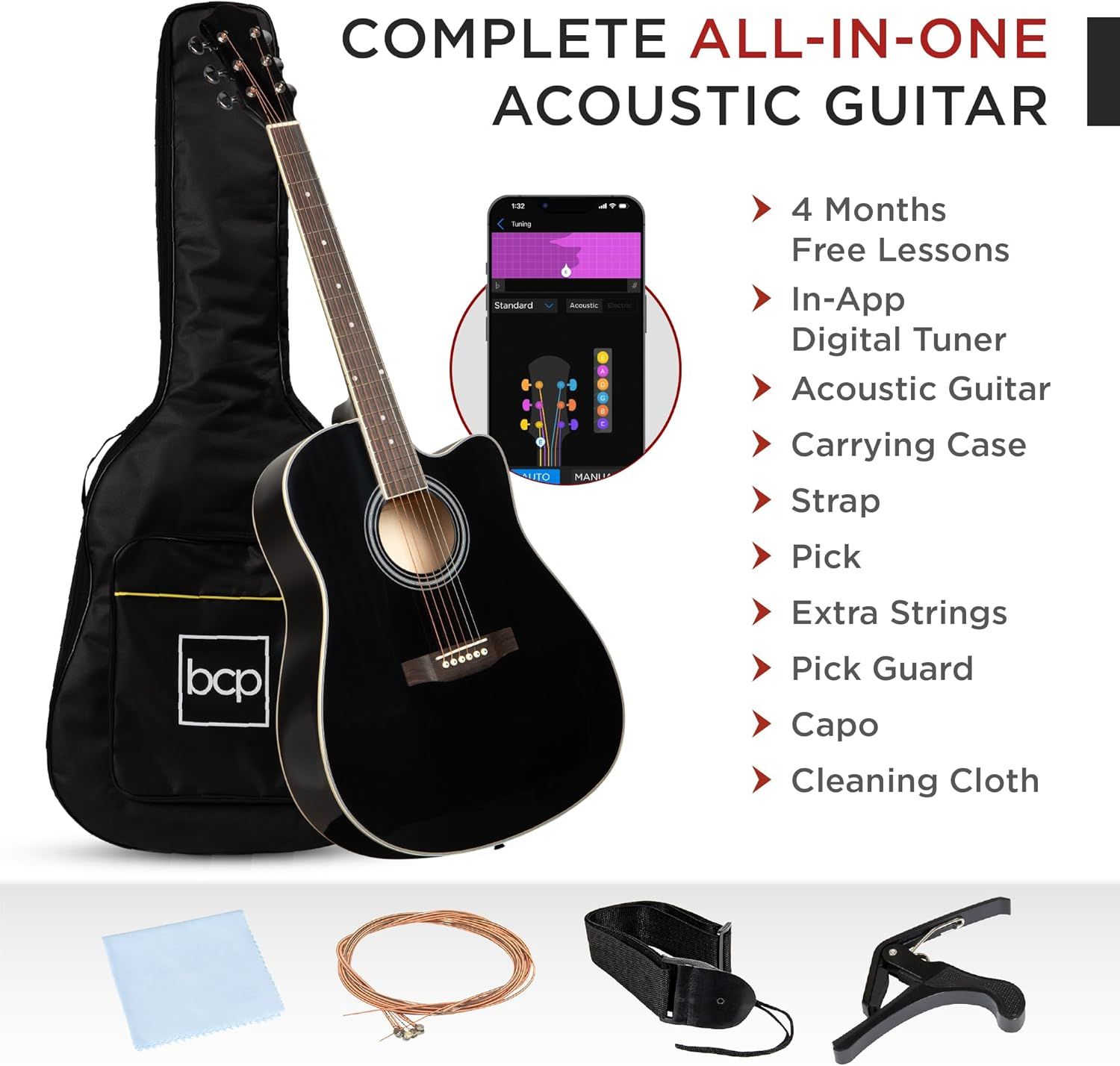 Communicates that the purchase includes everything a beginner needs to start playing guitar: the instrument, accessories, lessons, and digital tools, providing value and convenience.