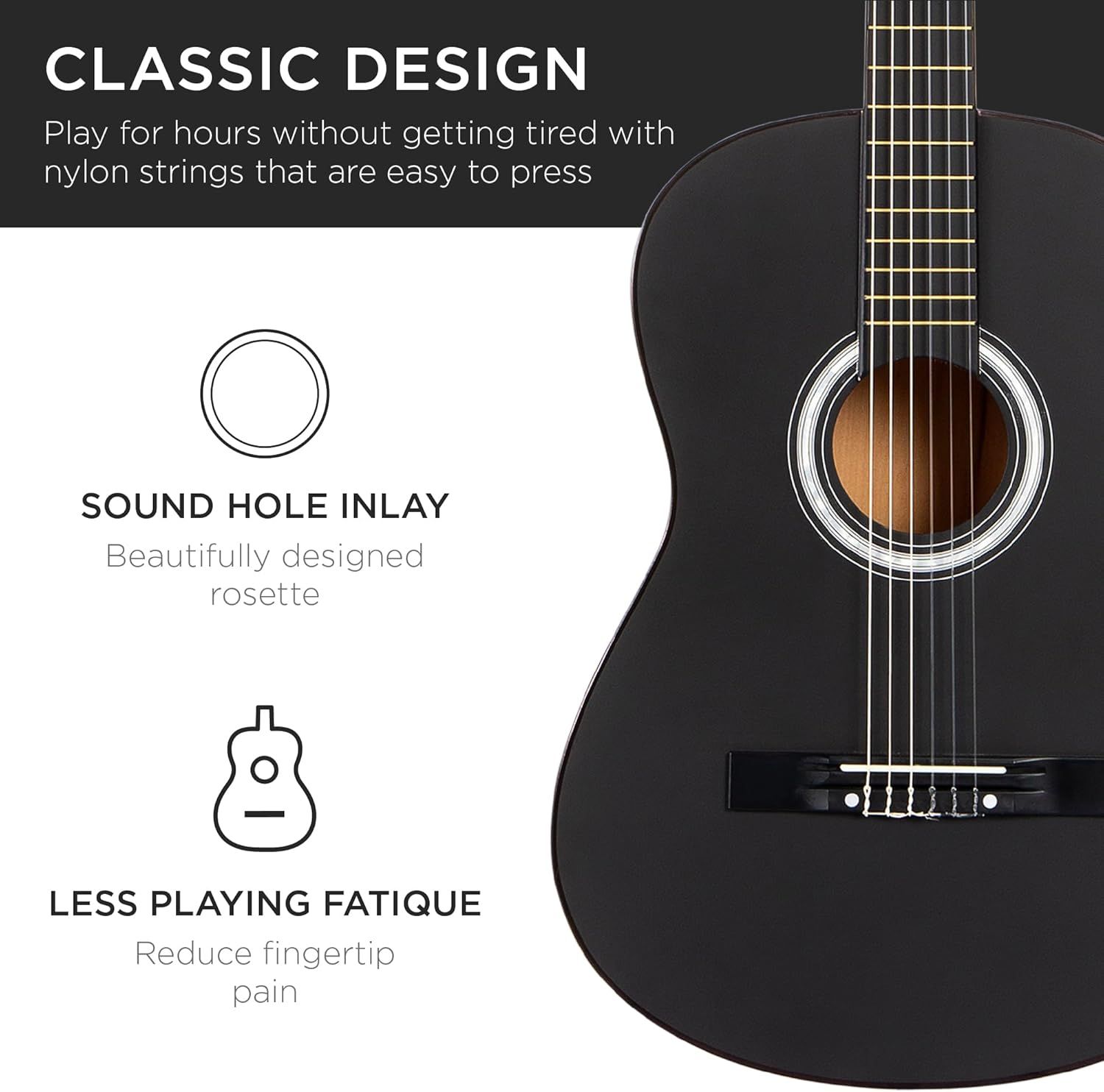 Showcases multiple distinct benefits of the guitar including its classic design with easy-to-press nylon strings, the beautifully designed rosette sound hole inlay, and reduced fingertip pain for…