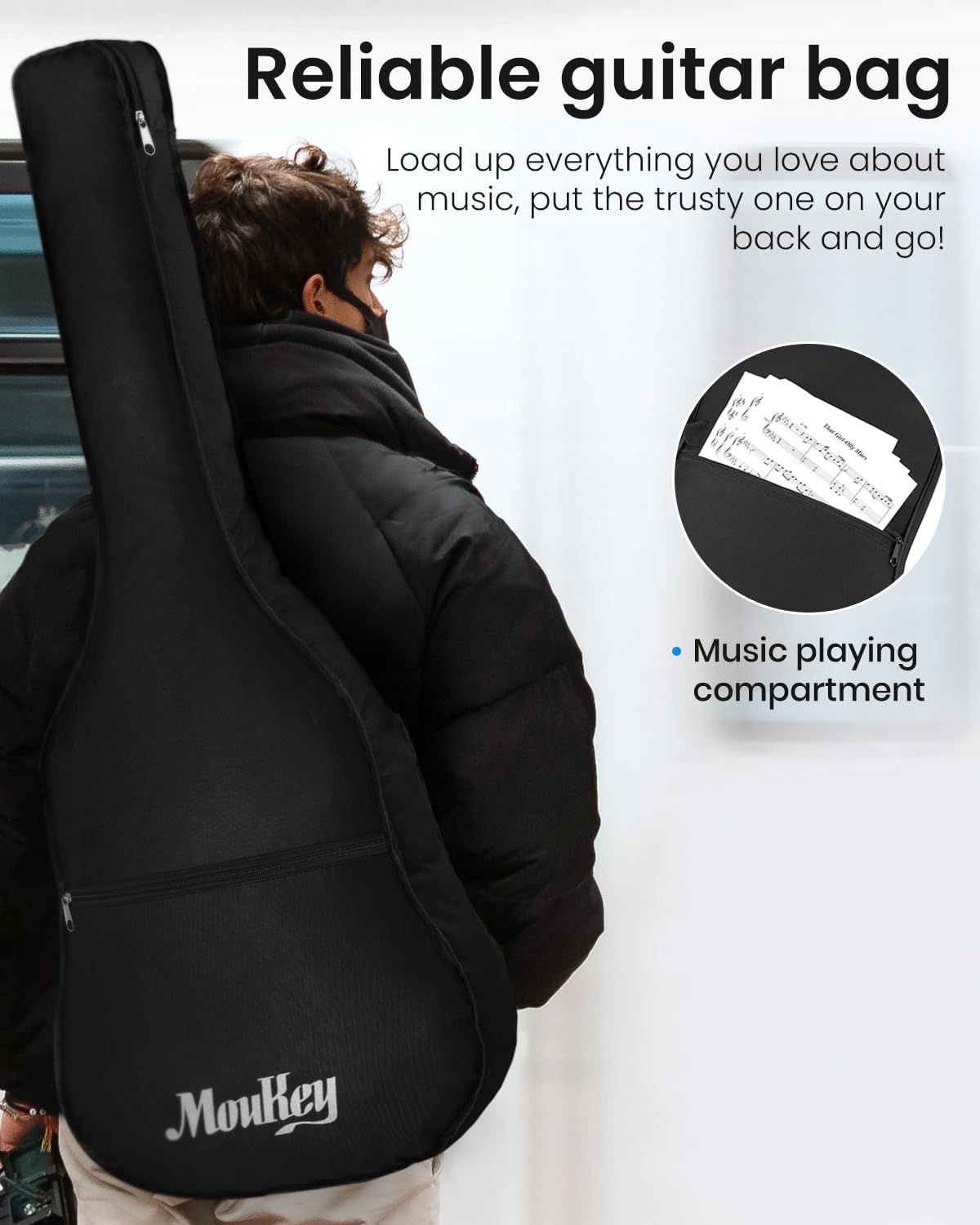Highlights the guitar bag's special compartment designed for storing sheet music, demonstrating the product's thoughtful design and practical organization features for musicians. Communicates the…