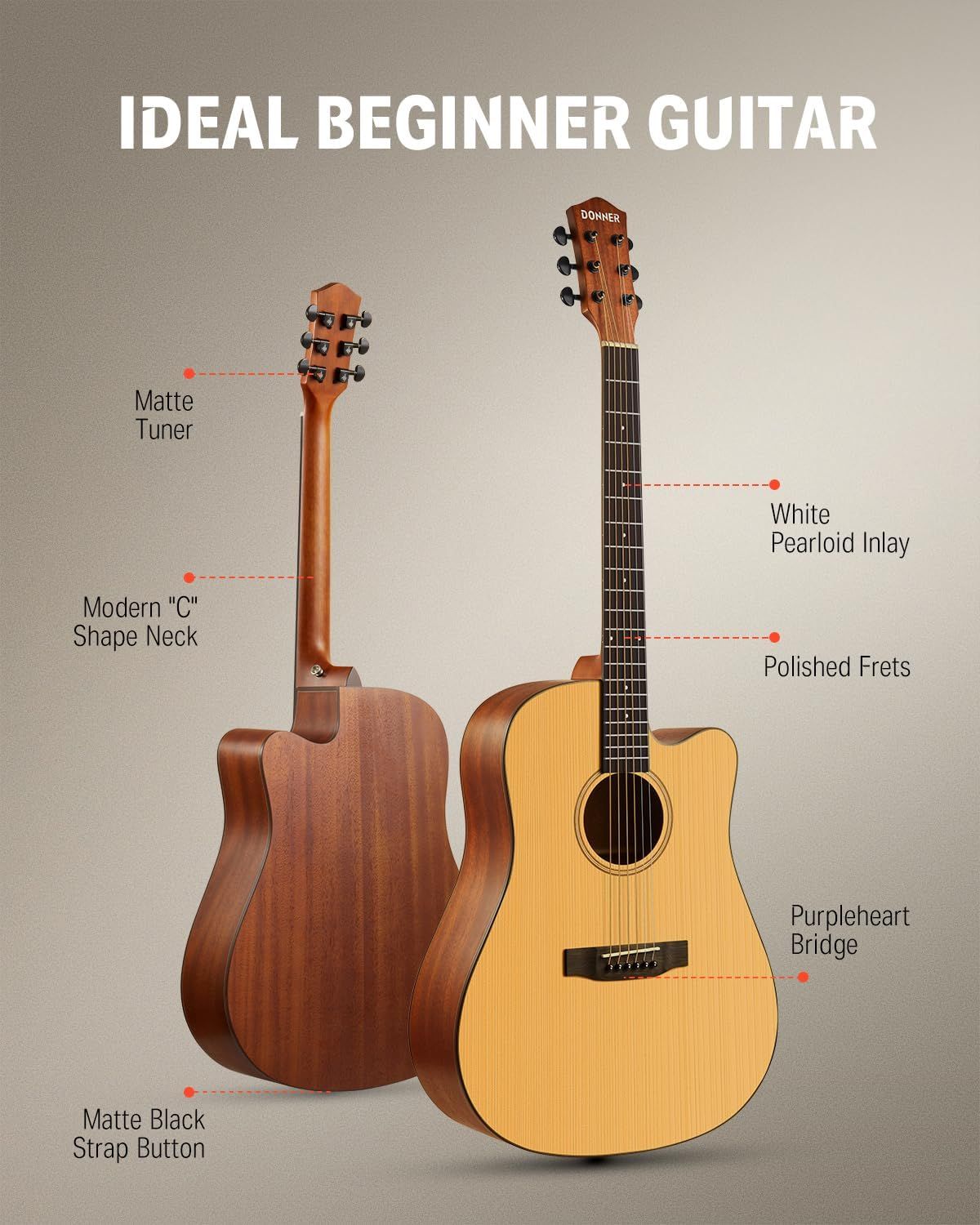This image breaks down the physical components and construction features of the beginner guitar to help shoppers understand the quality and design elements included in the product.