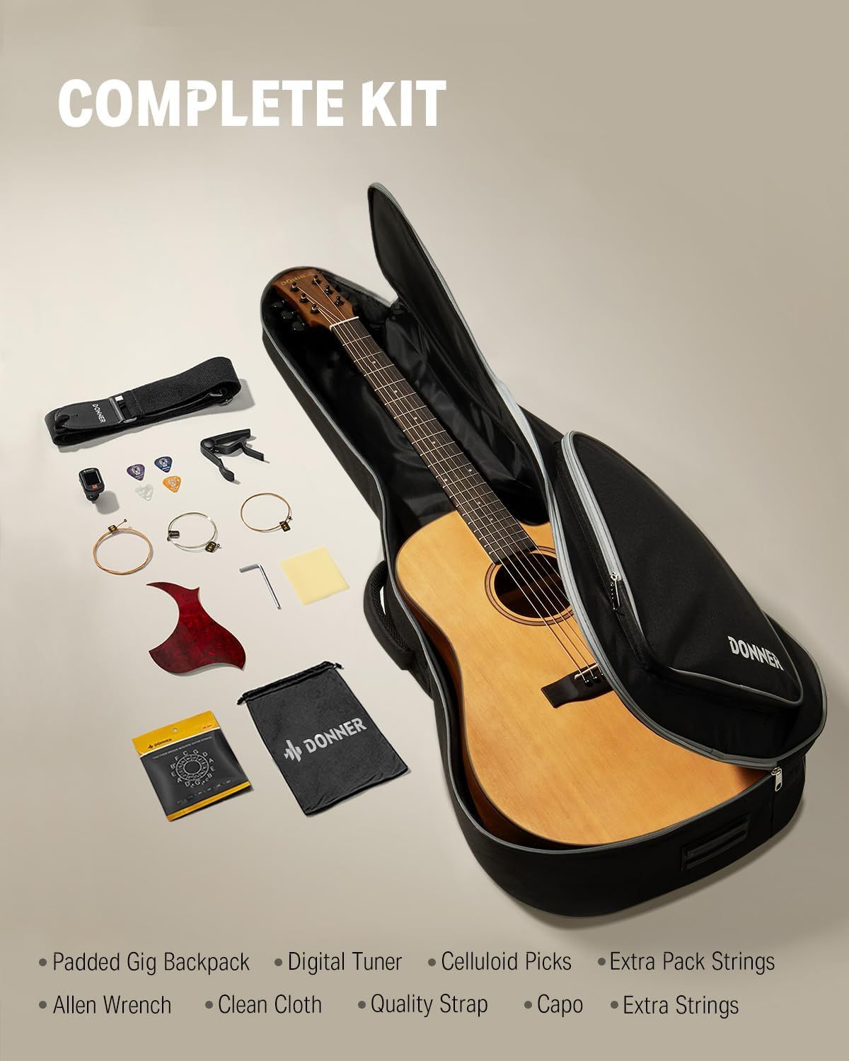 Shows everything included in the purchase—guitar, gig bag, tuner, picks, strings, capo, strap, and tools—to reassure shoppers they're getting a complete ready-to-play bundle.