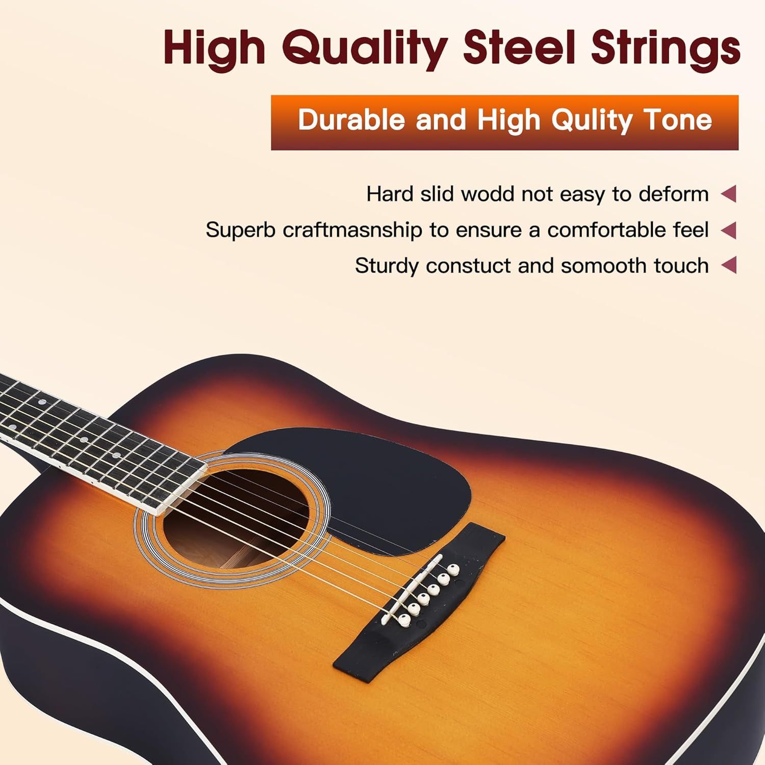 Communicates multiple quality and performance benefits of the guitar, emphasizing the steel strings' durability, sound quality, and craftsmanship to reassure shoppers of the product's premium…