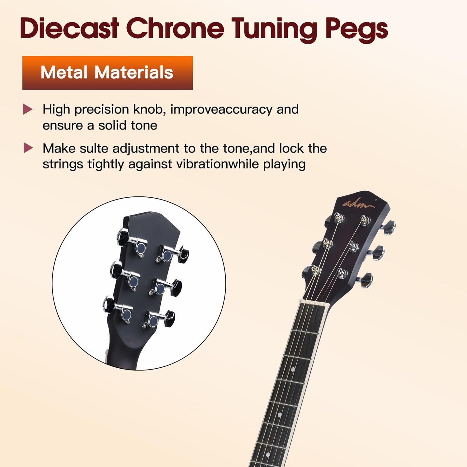 Highlights the metal construction and precision tuning knobs of the guitar tuning pegs, emphasizing material quality and tuning accuracy for musicians. Communicates the benefit of improved accuracy…