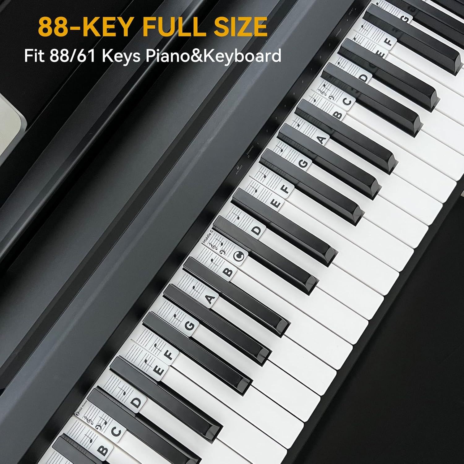 Communicates that this product is designed to fit full-size 88-key pianos and keyboards, as well as 61-key models, reassuring shoppers about compatibility with their instrument. Shows which types of…