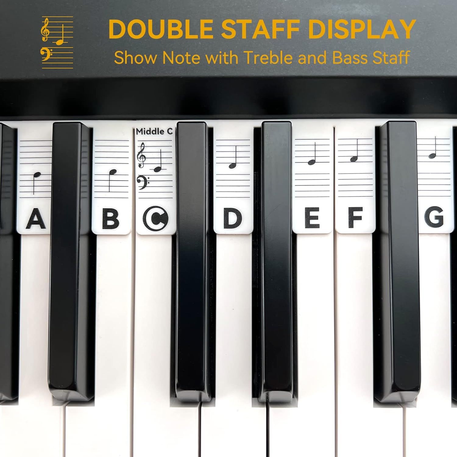 Communicates that the piano keyboard includes a helpful learning feature showing note names and their positions on both treble and bass staff, making it easier for beginners to learn music notation.