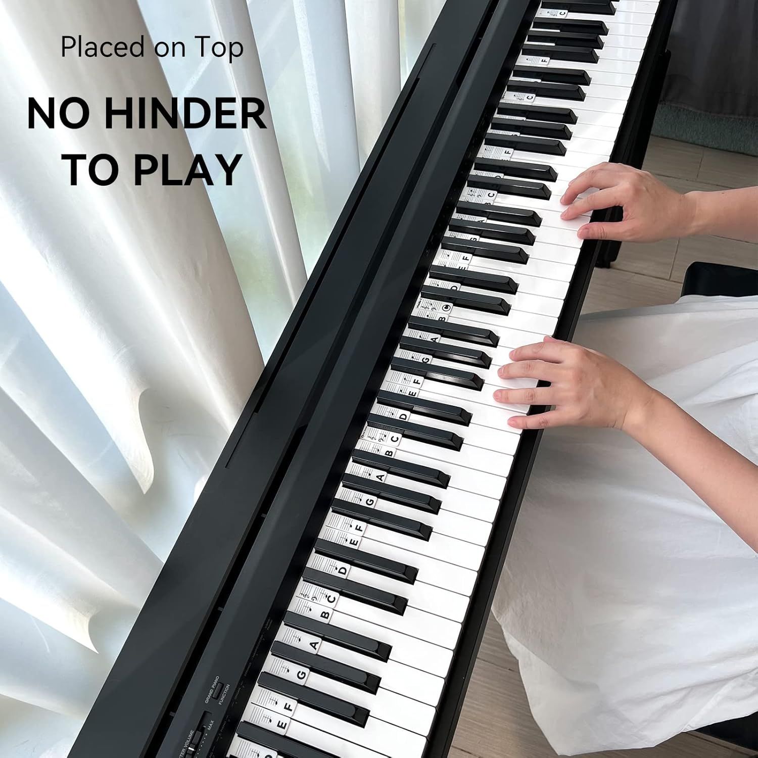 Demonstrates that the keyboard can be placed on top of furniture without blocking the player's ability to play, emphasizing its slim, space-efficient design.