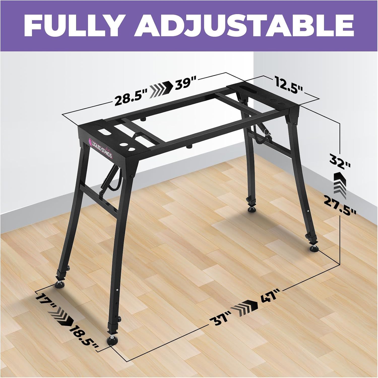 Communicates the product's fully adjustable dimensions with precise measurements, showing shoppers the range of sizes it can accommodate (28.5-39 inches length, 27.5-32 inches height, etc.) to help…