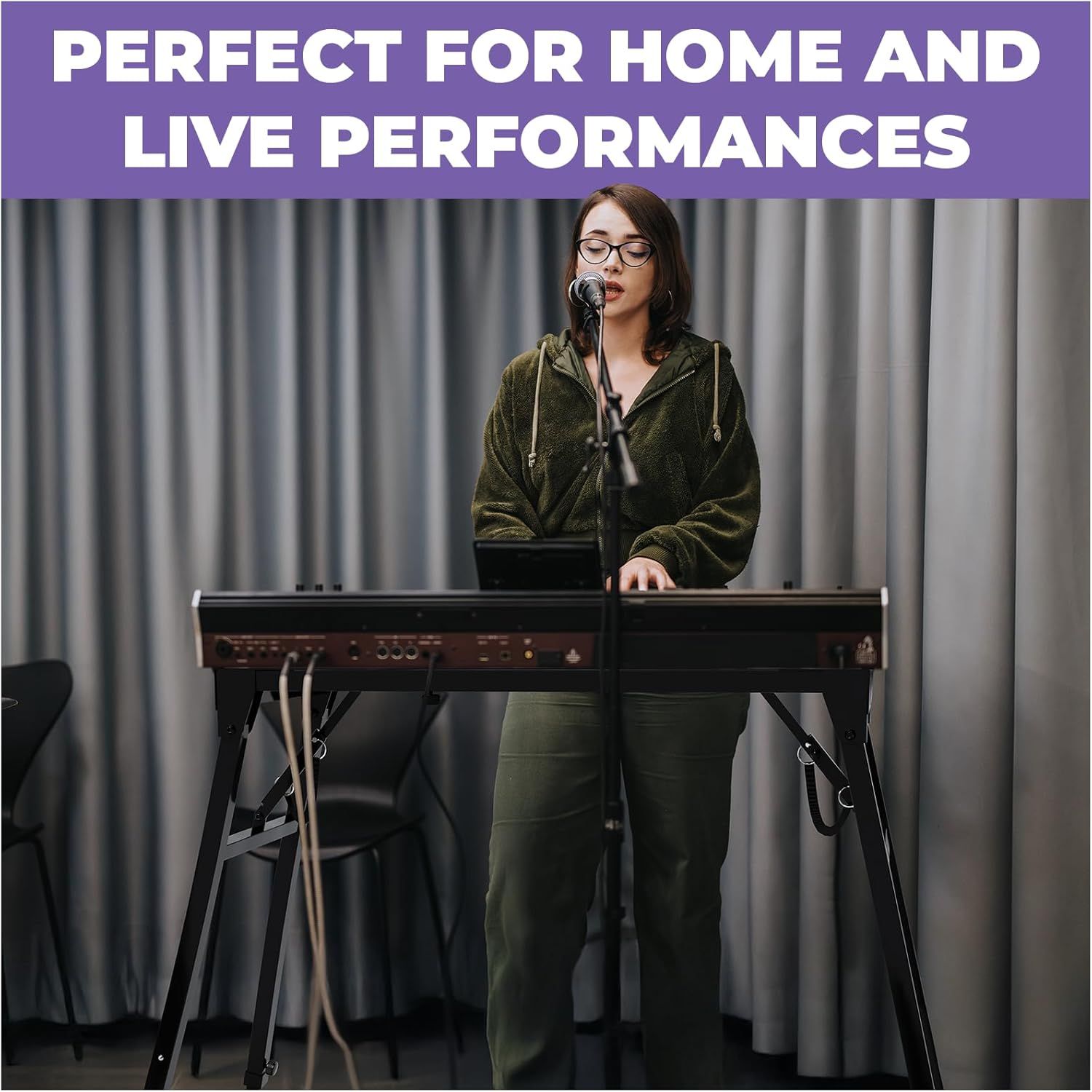Demonstrates the product's versatility by showing it is suitable for multiple use cases: home practice and live performance settings.