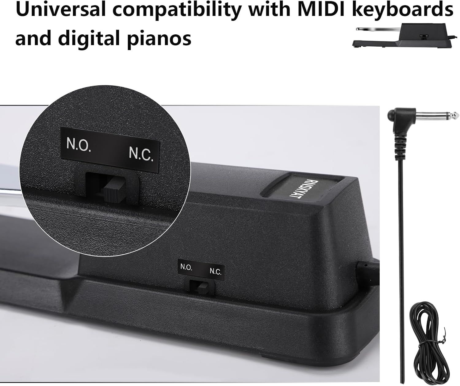 Demonstrates that the sustain pedal is universally compatible with MIDI keyboards and digital pianos, reassuring shoppers about broad device compatibility. Highlights the physical components of the…