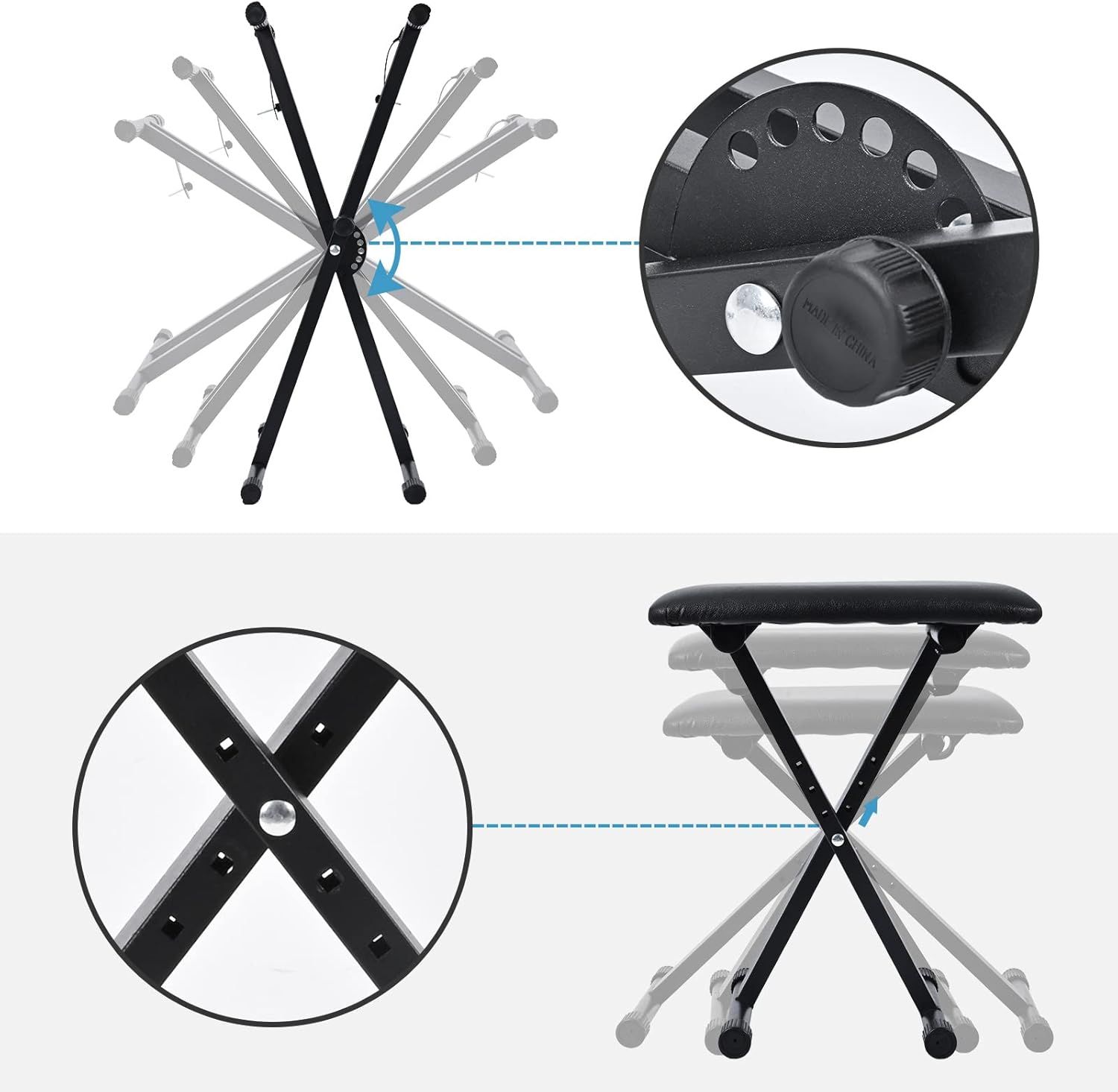 Highlights the physical components and adjustment mechanisms of the folding stool, showing shoppers how the height adjustment knob and central pivot joint work to provide customizable seating.