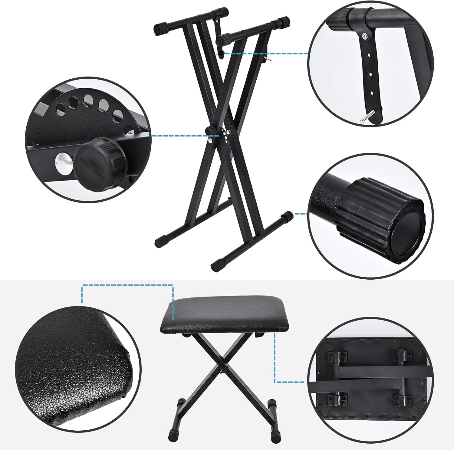 This image breaks down the physical components and structural features of the keyboard stand and bench set, helping shoppers understand the build quality and functional parts of the product.