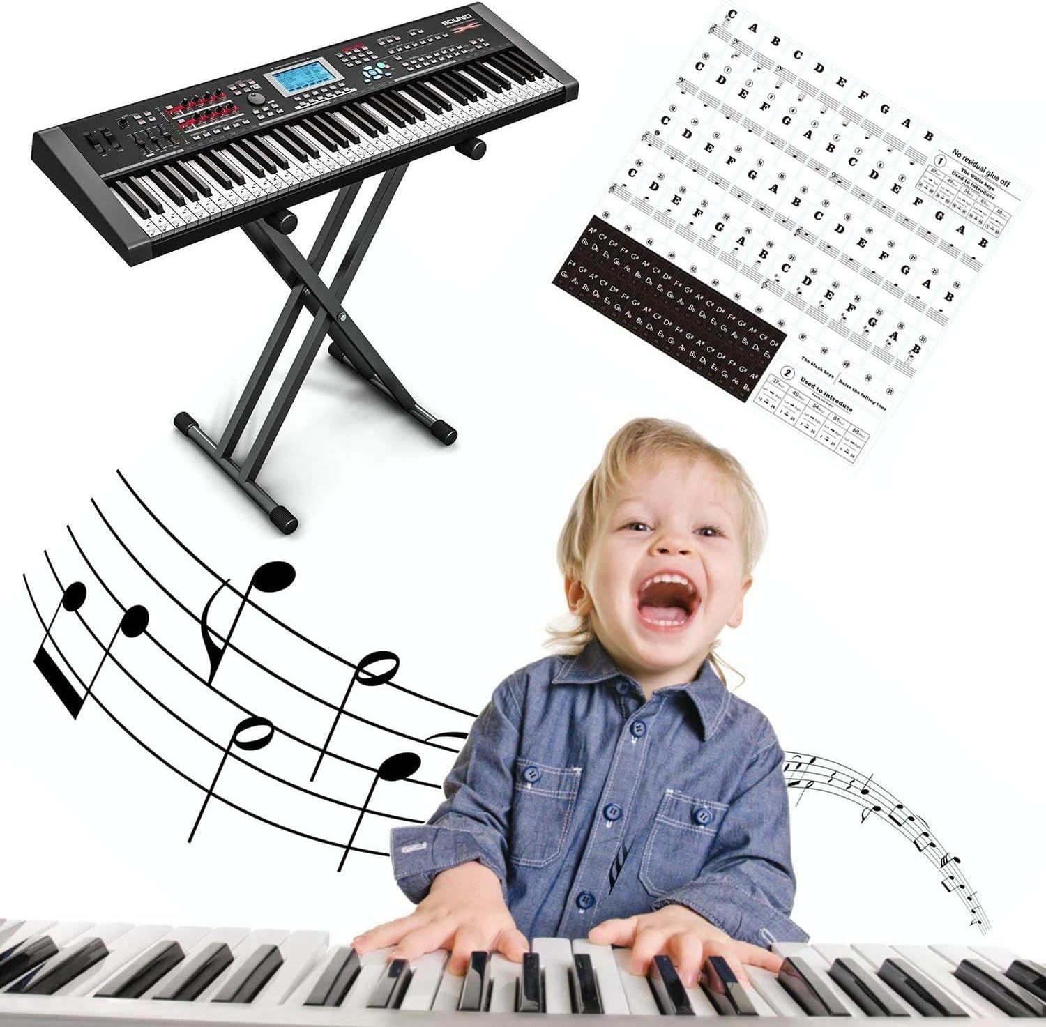 Shows everything included in the package: the keyboard, adjustable stand, and learning stickers to help beginners identify keys and learn music.