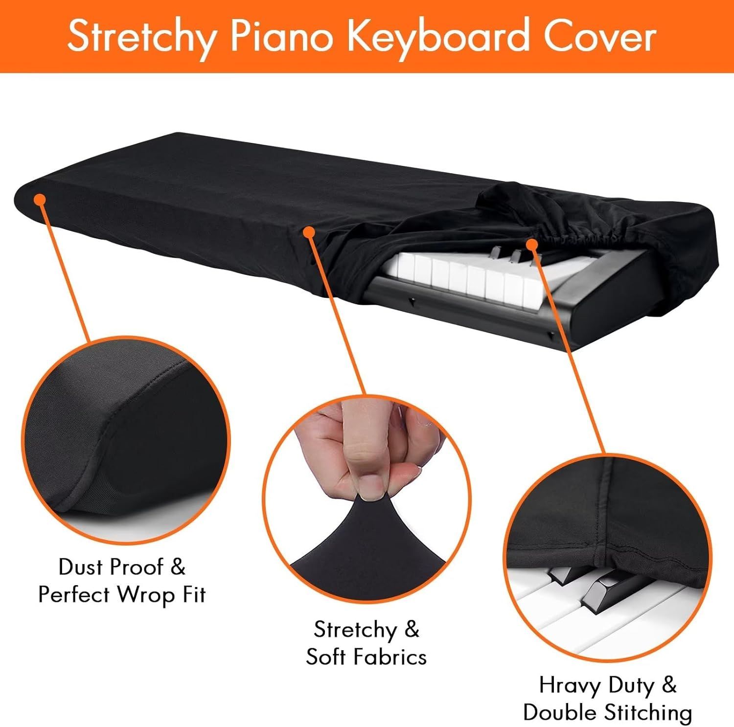 Breaks down the physical features and construction details of the piano keyboard cover to show shoppers what makes it protective and well-made. Highlights multiple distinct benefits of the keyboard…