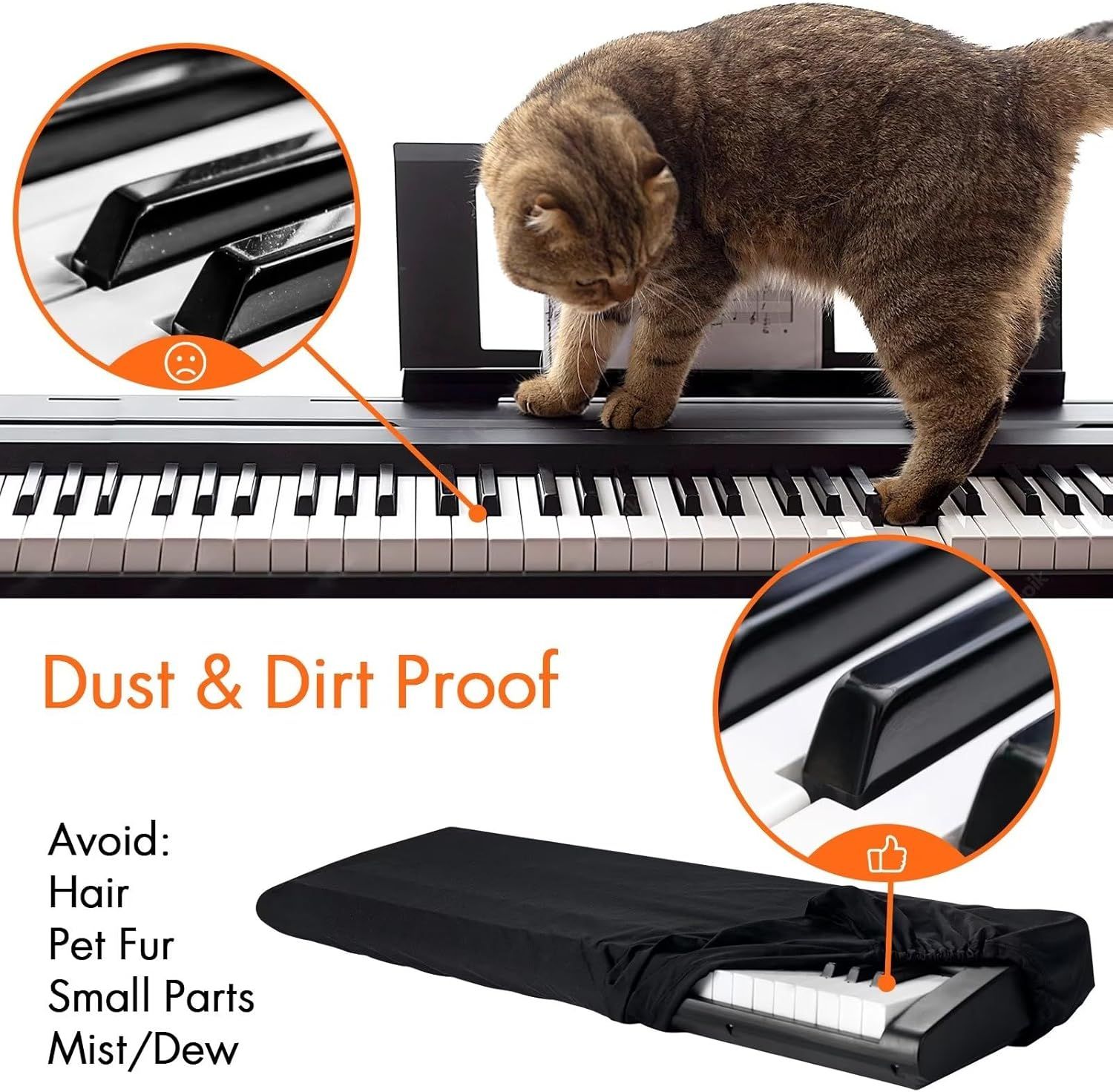Demonstrates the superiority of the product's dust and dirt-proof design by comparing an unprotected piano (vulnerable to pet fur and debris) with the covered version that prevents contamination.