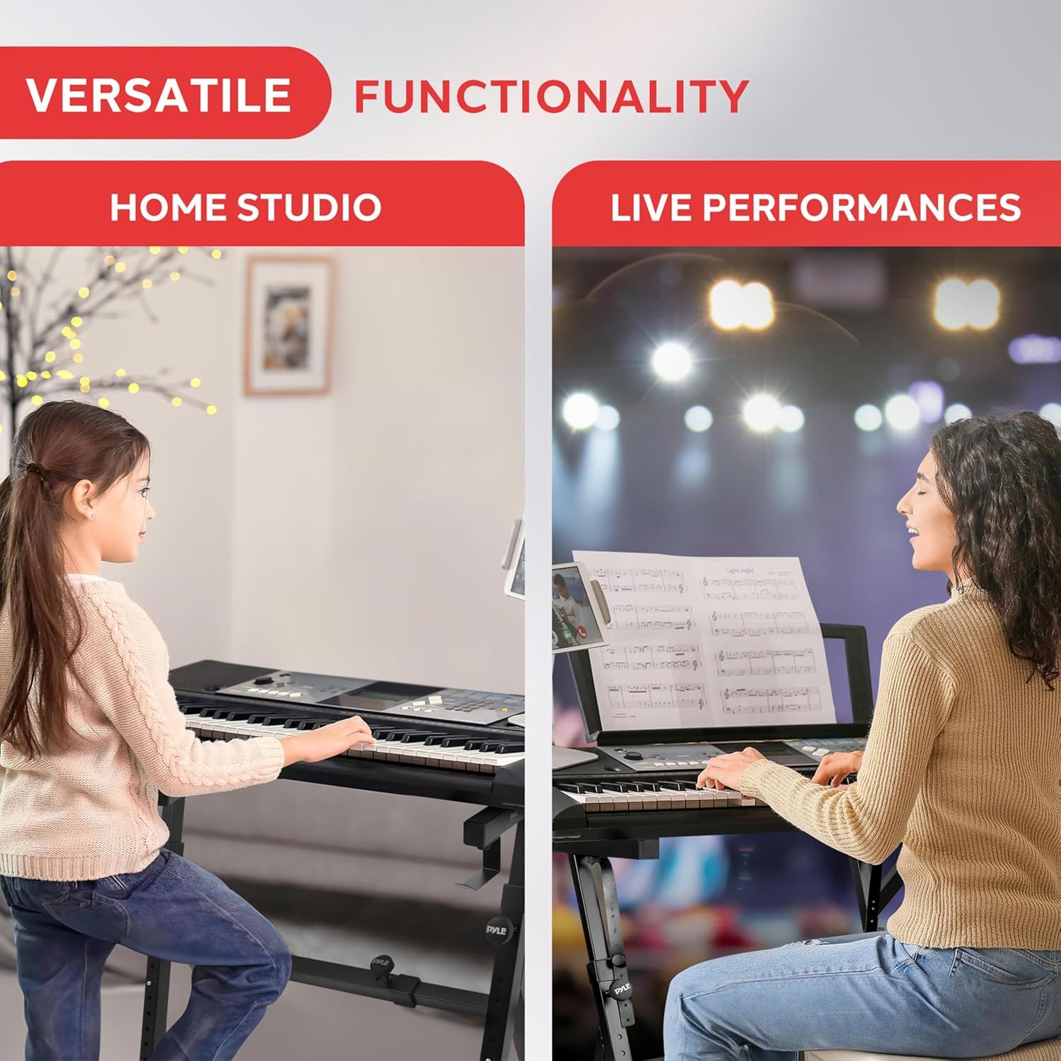 Demonstrates the product's versatility by showing two distinct use cases: practicing at home in a studio setting and performing live on stage, reassuring shoppers that the keyboard is suitable for…