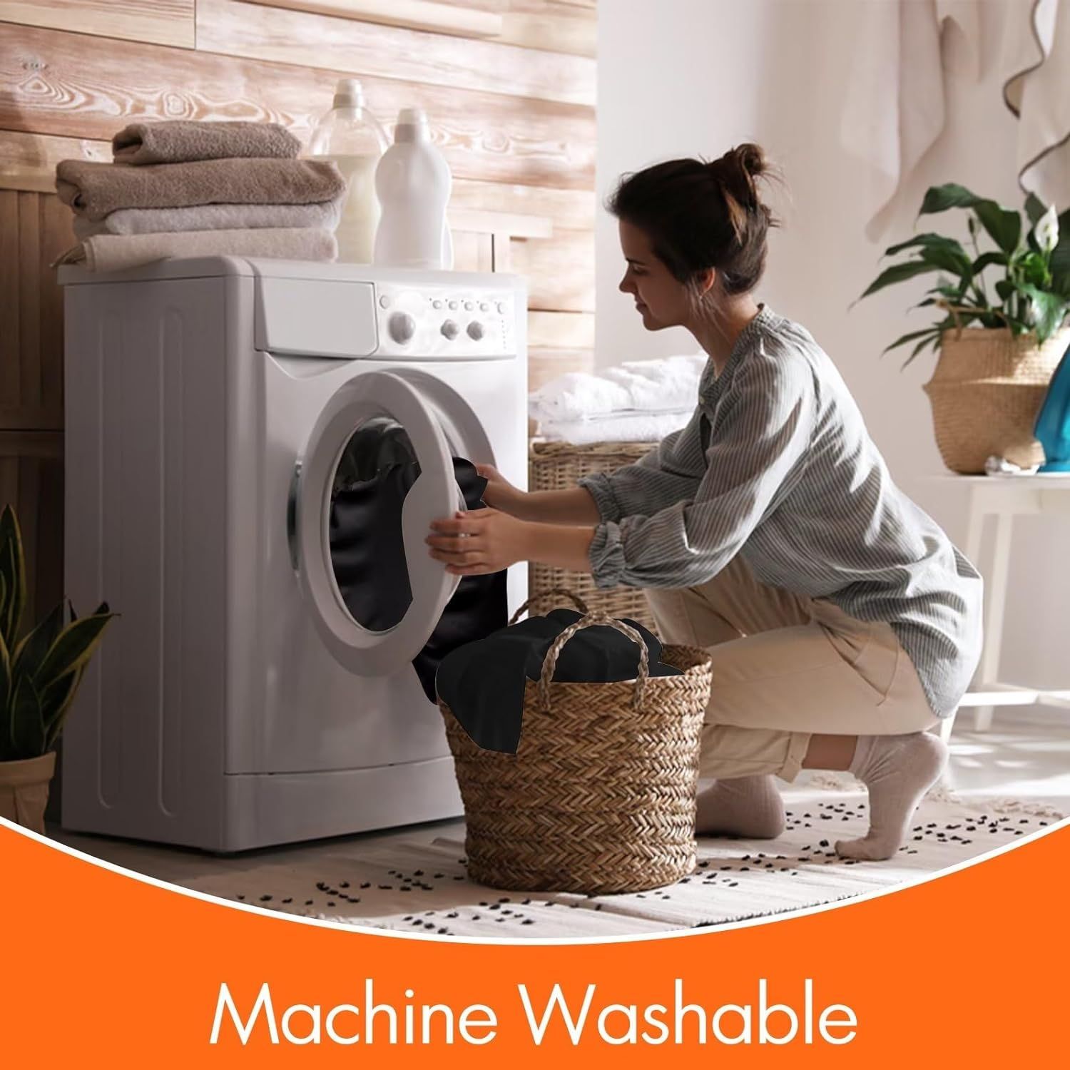 Communicates that the product is machine washable, reassuring shoppers of easy care and convenience.