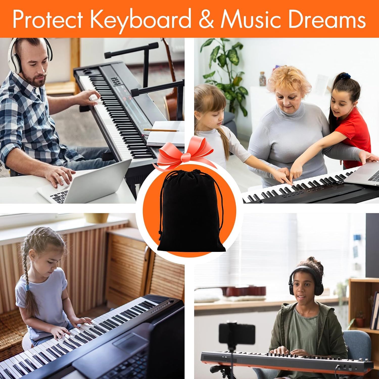Demonstrates the versatility of the keyboard product by showing it being used across multiple scenarios and user types—from solo practice to family learning to online teaching—reassuring shoppers…