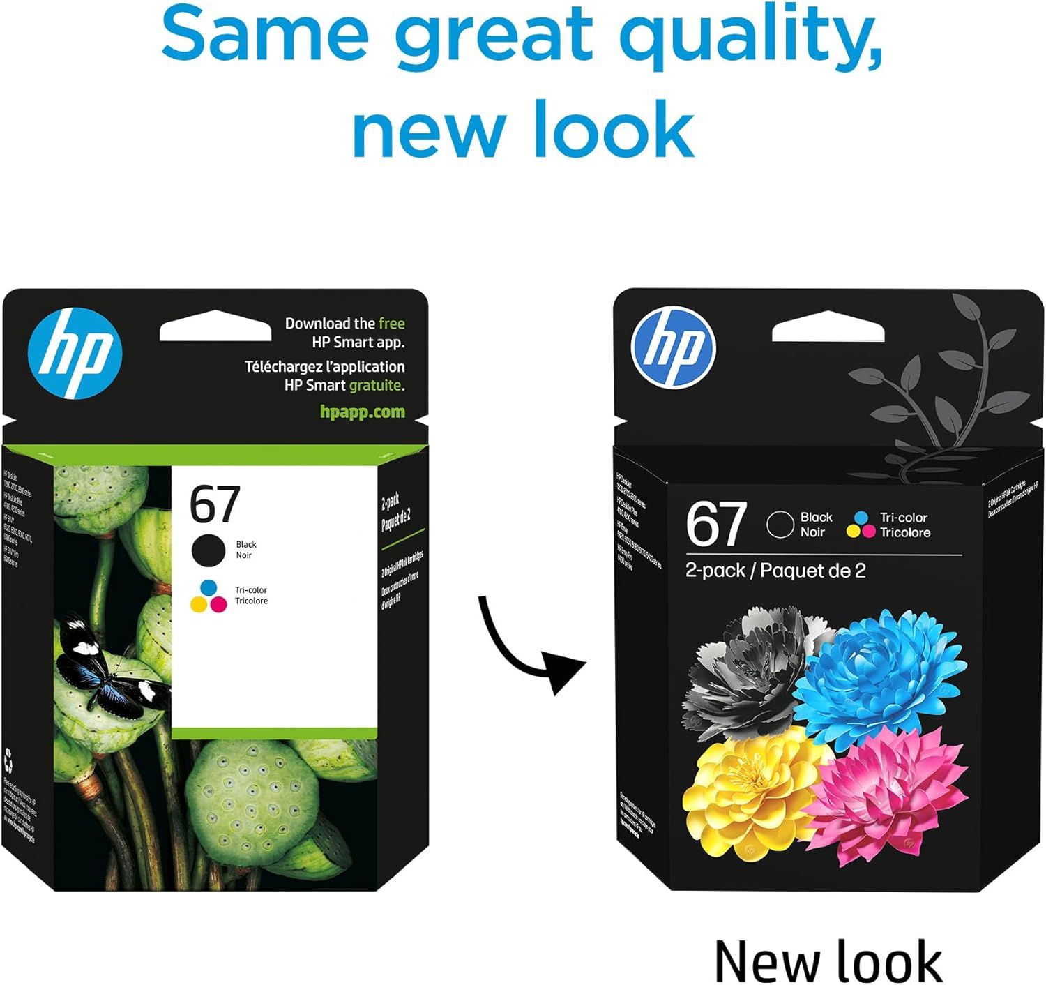 Communicates that HP has updated their ink cartridge packaging design while maintaining the same quality, reassuring customers about the transition to new…