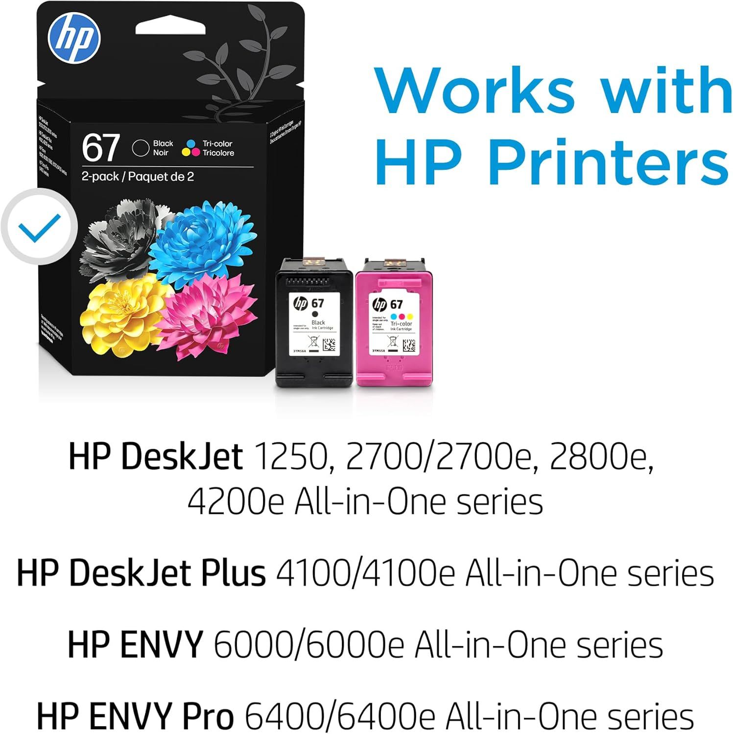 Shows which HP printer models and series are compatible with this HP 67 ink cartridge 2-pack, helping shoppers confirm the product will work with their…