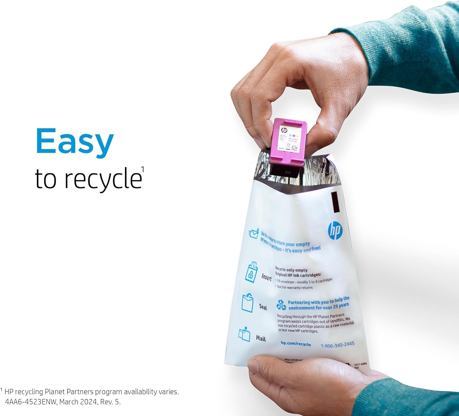 Communicates HP's environmental responsibility by showing how easy it is to recycle empty ink cartridges through their free recycling program, reassuring…